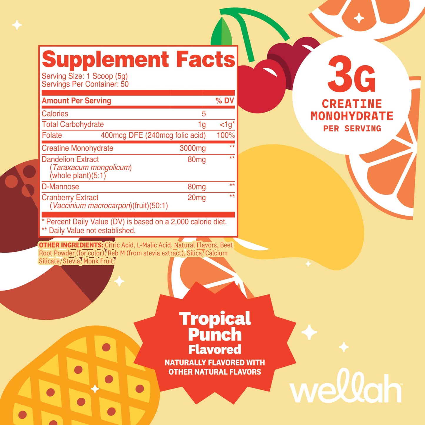 Wellah Creatine for Women - Creatine Monohydrate with Dandelion & Cranberry Extract Powder 9.3