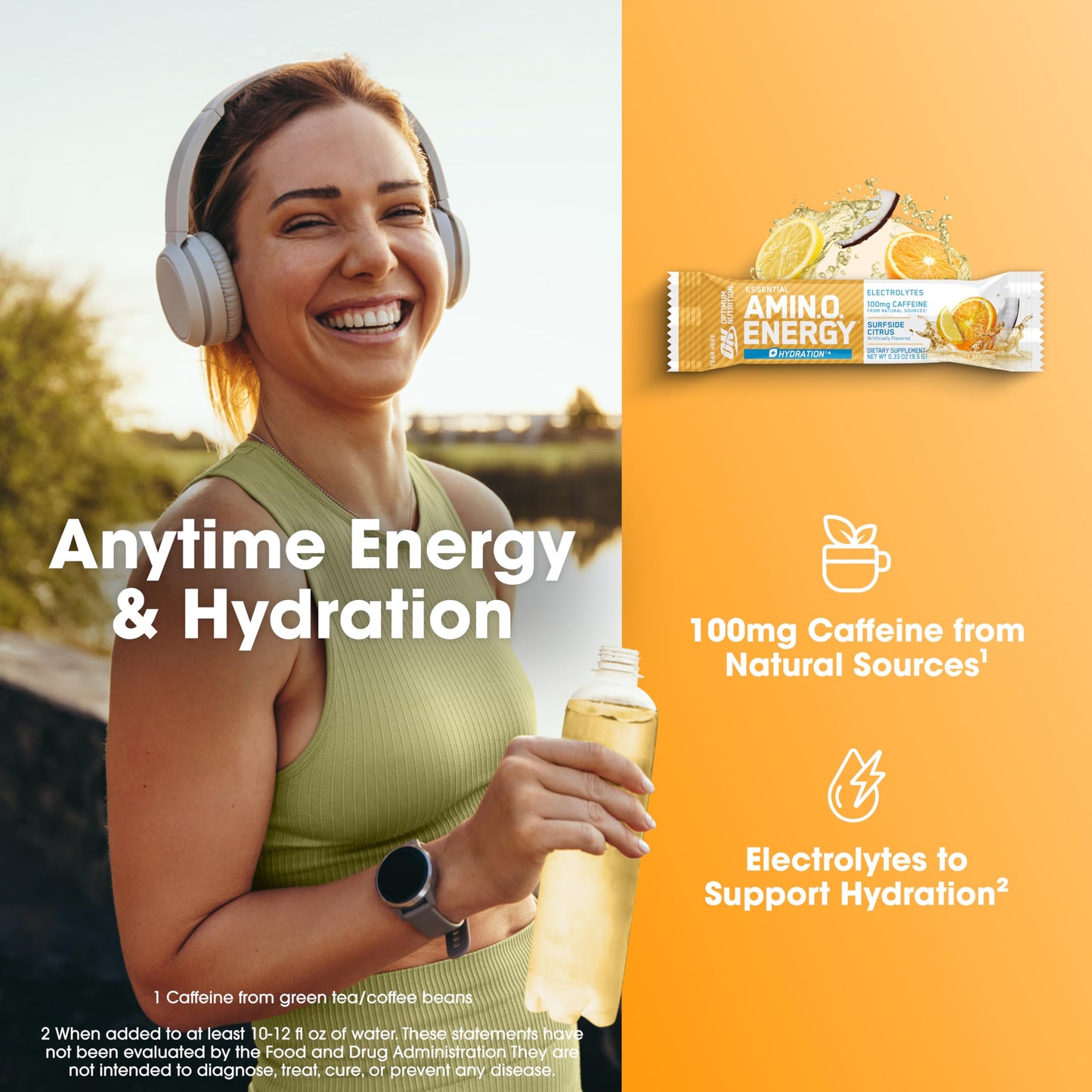 Optimum Nutrition Amino Energy Plus Hydration Packets, On-The-Go Caffiene Stick Packs, Surfside Citrus, 25 Count