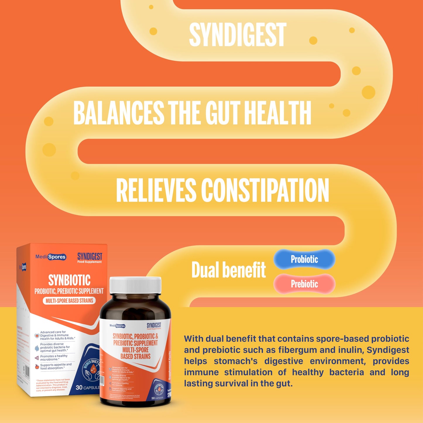 TMA Medispores Syndigest Probiotic Daily Care for Women & Men with 5 Probiotic & Prebiotic Strains, 30 Capsules