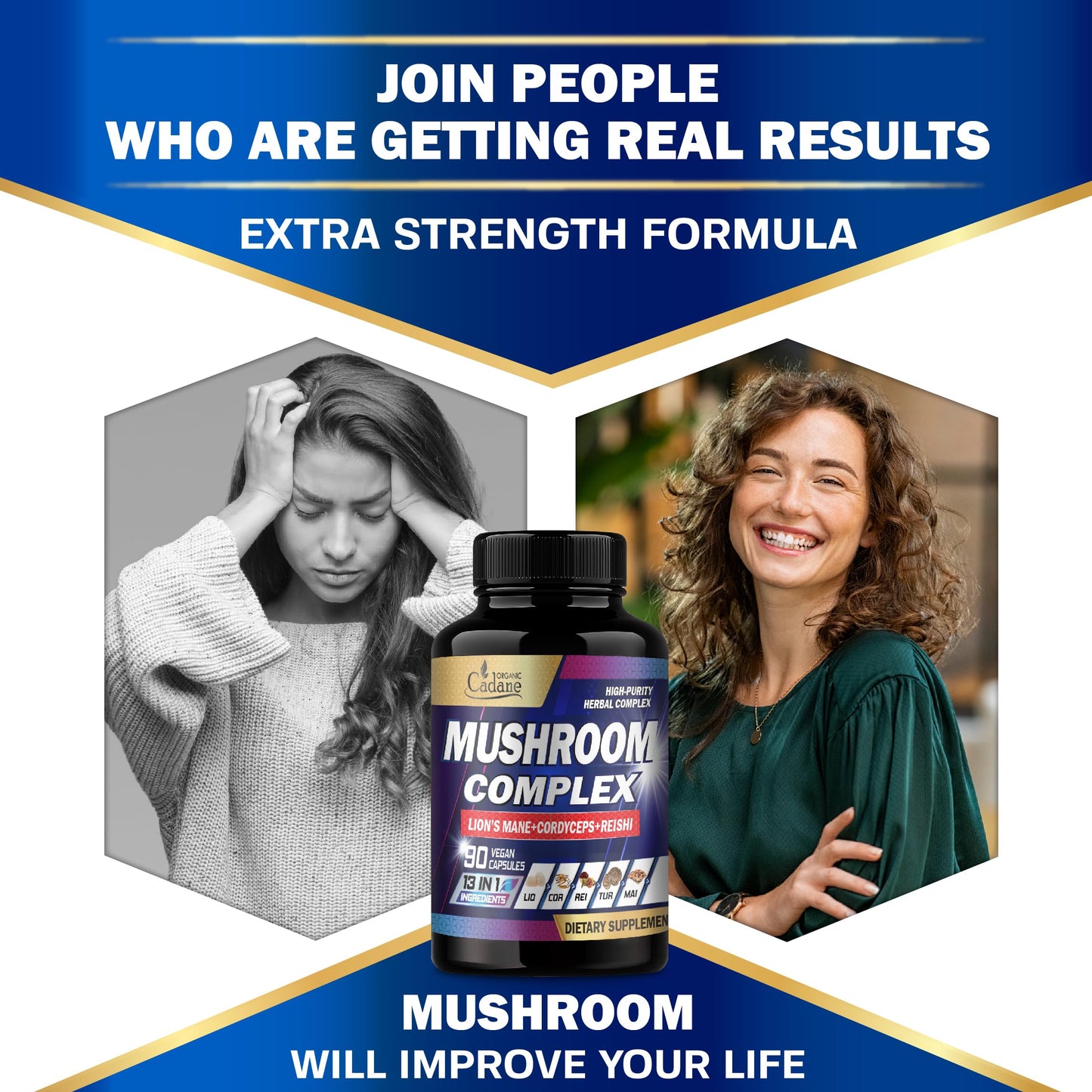 Organic Cadane Mushroom Complex Supplements 13in1 with Lions Mane Mushroom, Bacopa, Reishi & More, Capsules, 90 Count