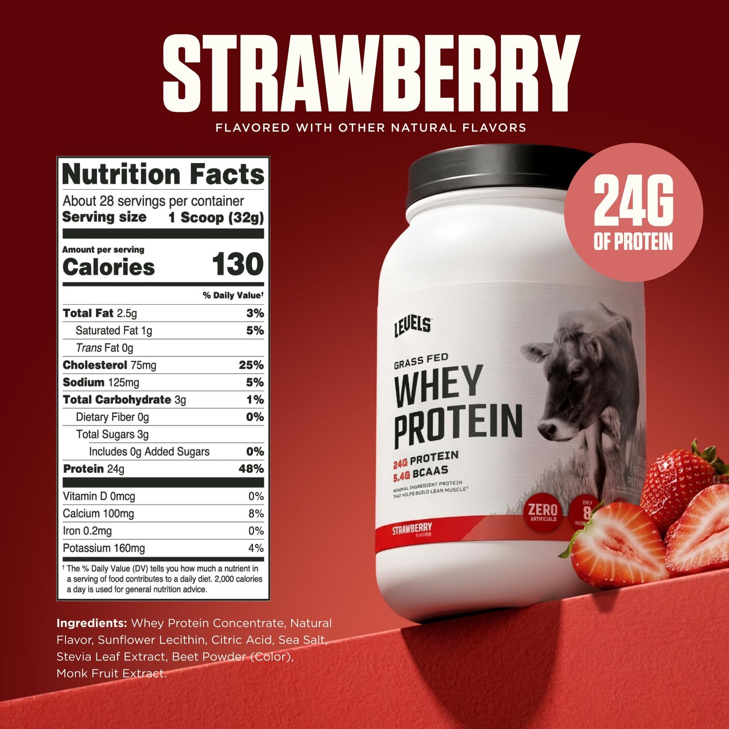 Levels Nutrition Grass Fed Whey Protein Powder Strawberry, 32 Servings