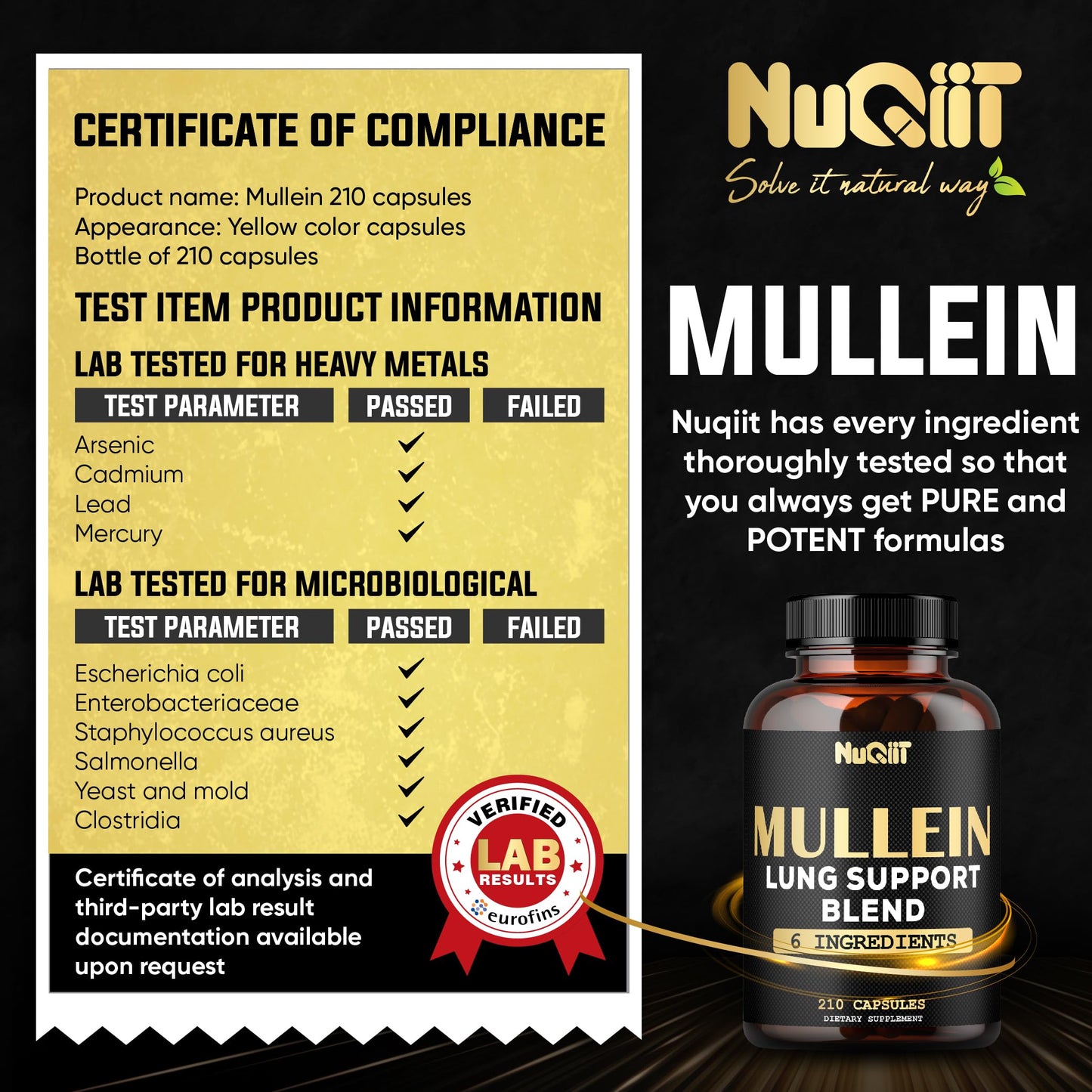 NUQIIT Mullein Leaf Capsules with Herbal Complex as Cordyceps Sinensis, Marshmallow, and More, 210 Count