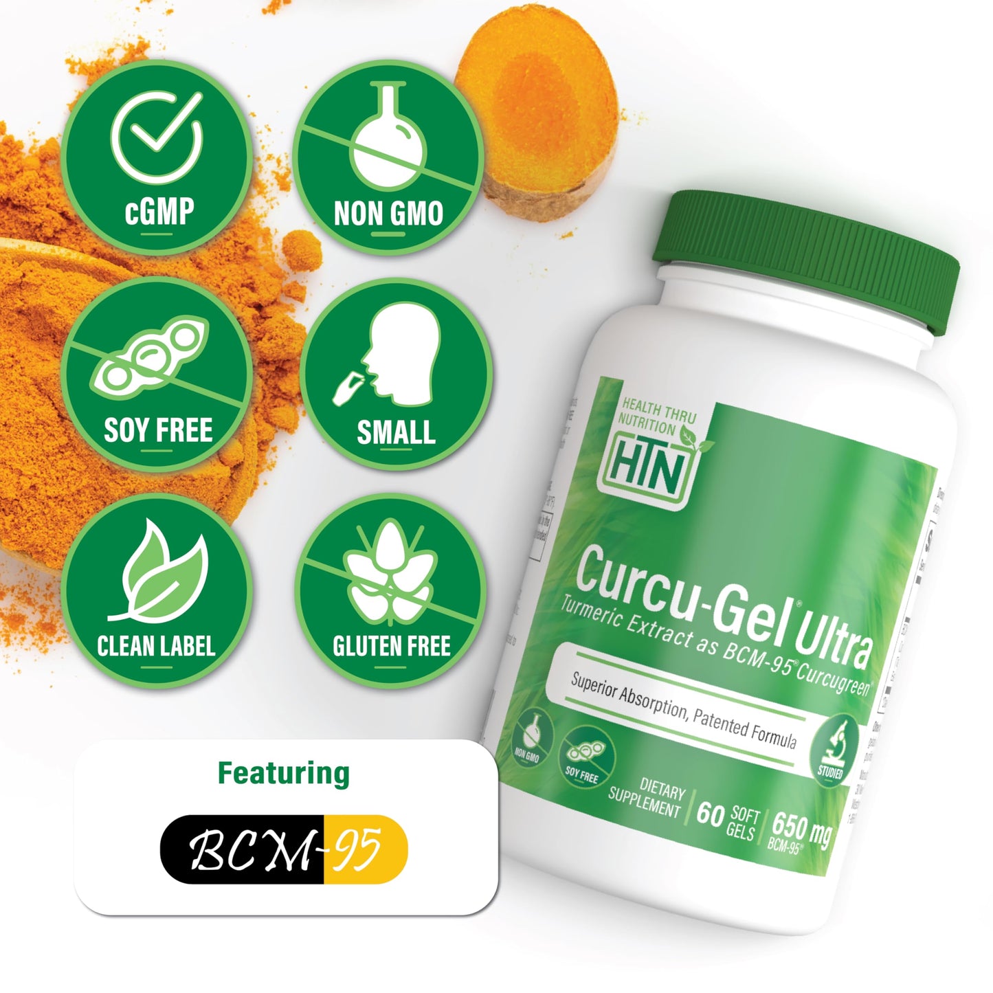 Health Thru Nutrition Curcu-Gel 650mg BCM-95® Curcugreen Turmeric Curcumin Capsule, 60 Count
