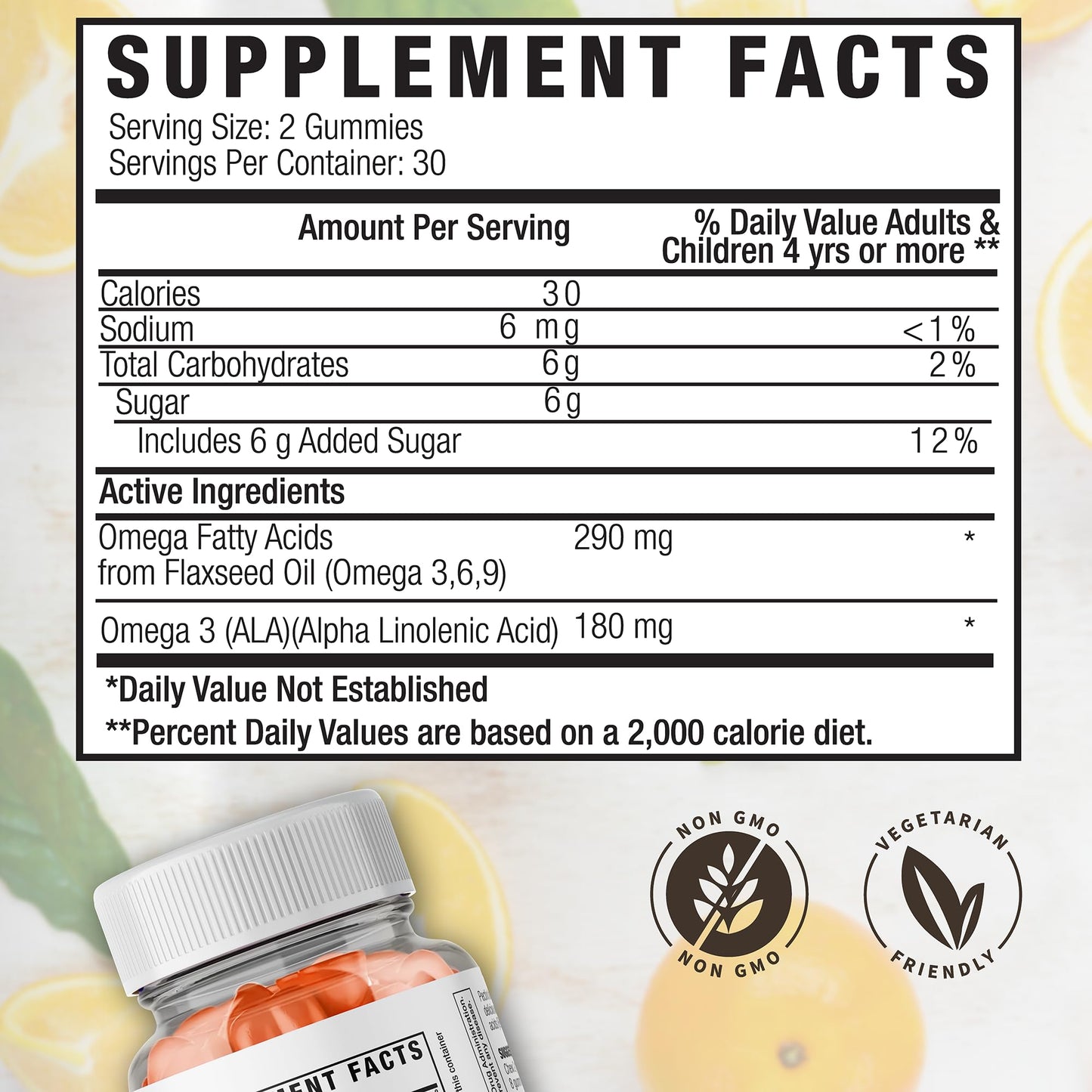 Global Health Naturals Nutritional Supplements Vegan Omega 3 Gummies Flaxseed Oil Omega 3 6 9 ALA – Pectin-Based Chewable, 60 Count