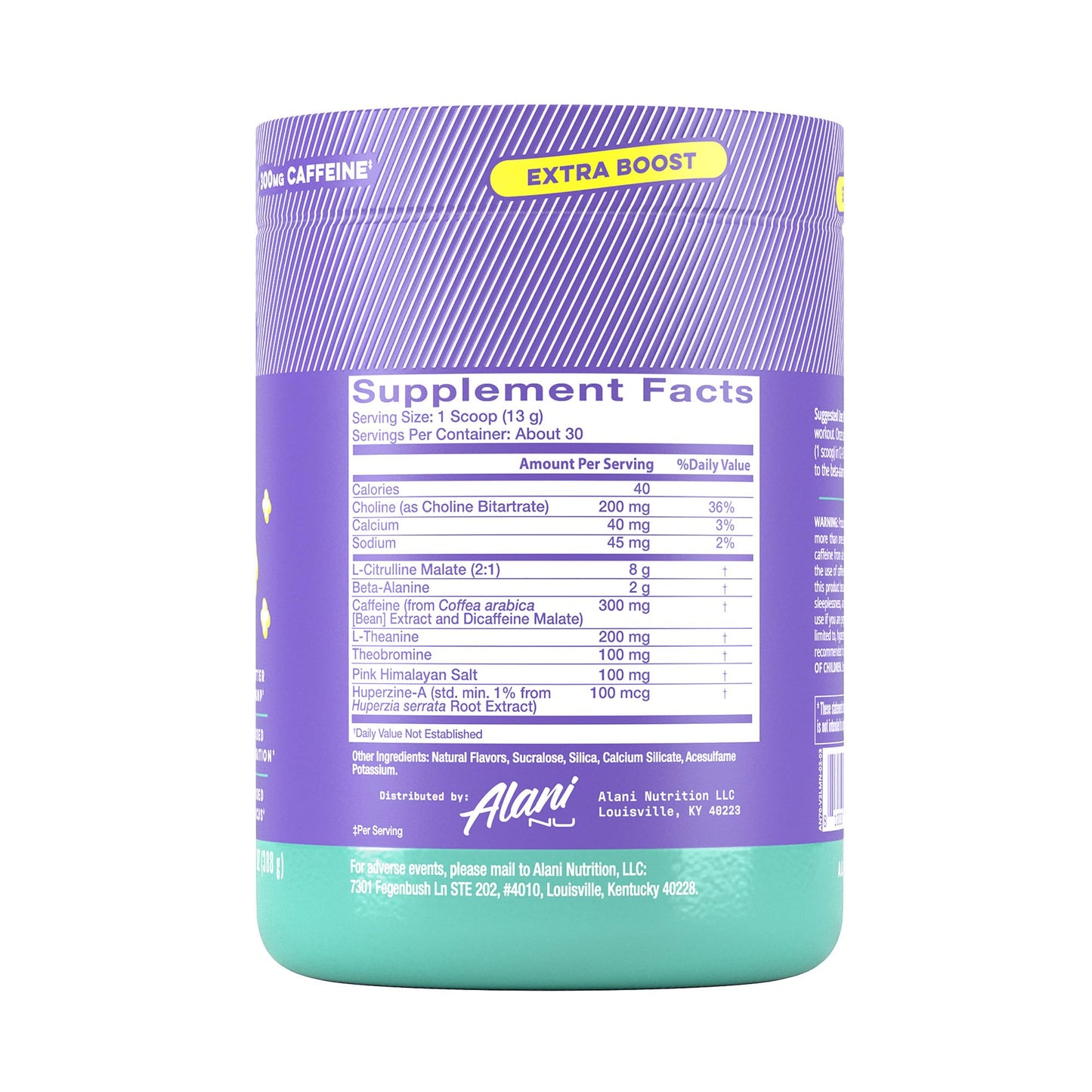 Alani Nu Pre Workout+ Powder Frozen Lemonade Extra Boost Sugar Free 300mg Caffeine L-Theanine Beta-Alanine Citrulline 13.8 oz