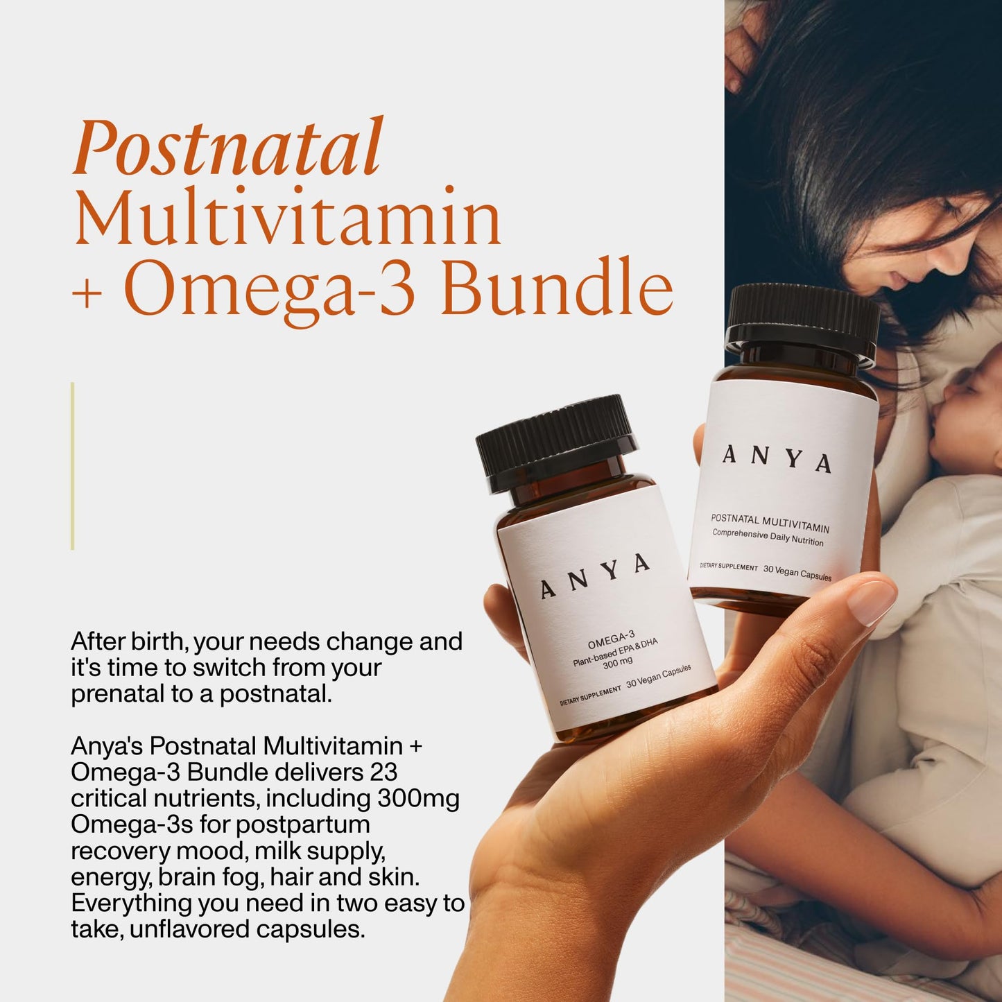 ANYA Postnatal Vitamin Bundle Postpartum Multivitamin with Vitamins C, D, B12, Zinc & Omega-3 with DHA and EPA for Breastfeeding, Lactation, and Hair Loss – Vegan, Non-GMO, Gluten-Free 2-Count Capsules