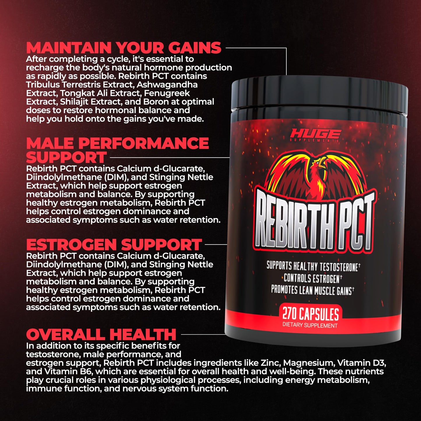 Huge Supplements Rebirth PCT Supplement for Men Capsule, 270 Count