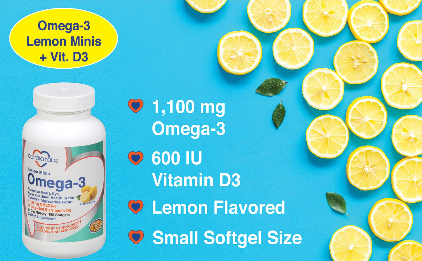 CardioTabs Omega 3 Lemon Minis + Vitamin D3 Capsules, 180 Count