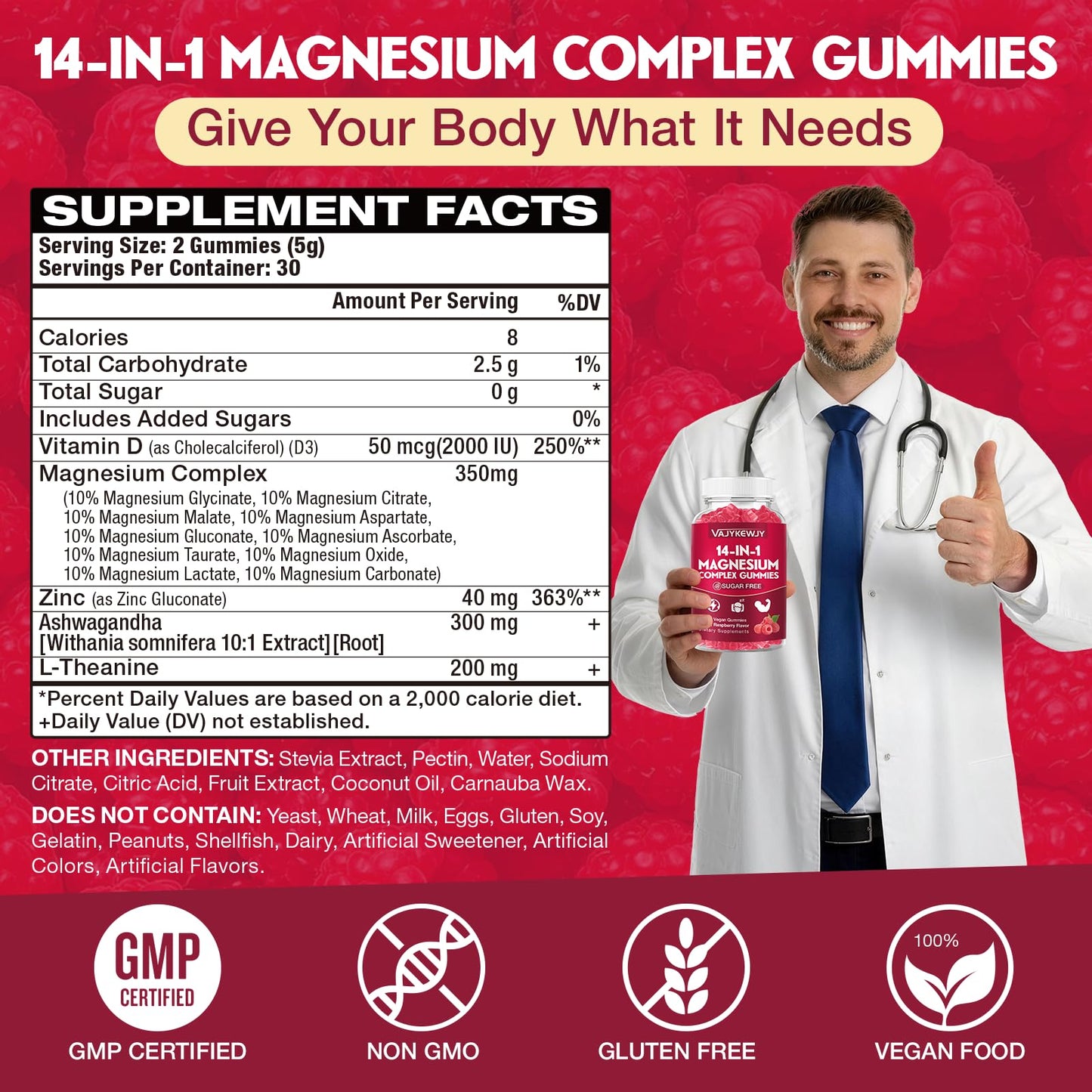 VAJYKEWJY Magnesium Complex Gummies – 2 Pack, 14-in-1 Formula with Ashwagandha, L-Theanine, Vitamin D3 & Zinc, Vegan Raspberry Flavor, 120 Gummies