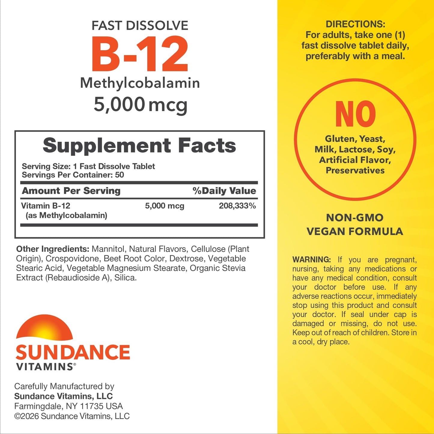 Sundance Vitamin B12 Fast Dissolve Tablets 5000 mcg, 50 Count