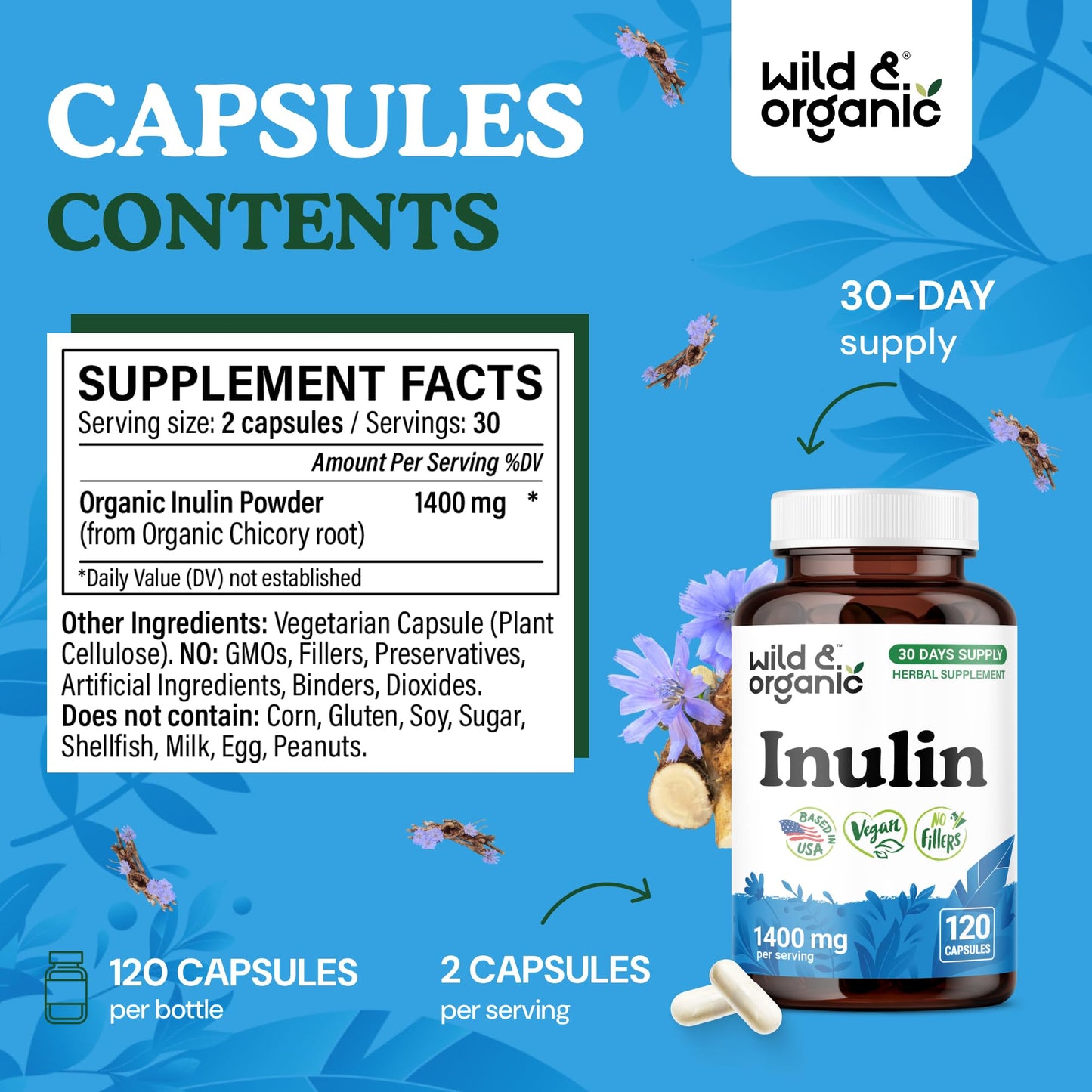 Wild & Organic Inulin Capsules 1400 mg, Digestive & Gut Support, Chicory Root Derived, Vegan, No Fillers, Non-GMO, 120 Count