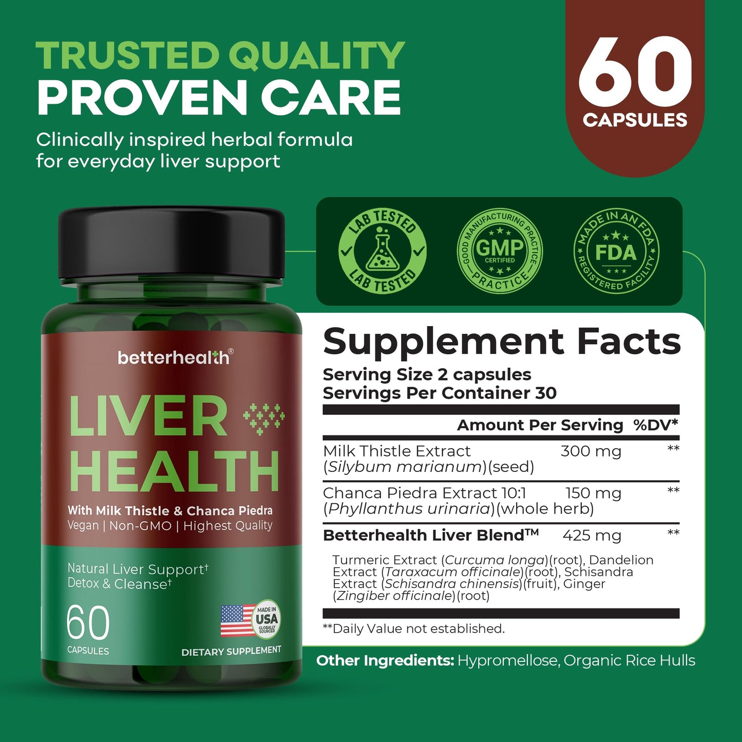 BetterHealth Liver Cleanse Detox & Repair Supplement with Milk Thistle, Dandelion Root & Artichoke Extract – Herbal Liver Support & Daily Detox Capsules, Vegan, 60 Count, 1 Capsule