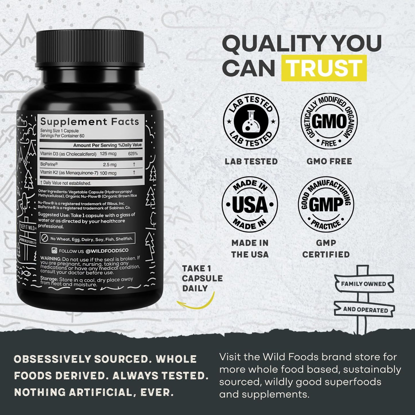 Wild Foods Vitamin D3 + K2 5000iu (100mcg Mk7) with Black Pepper Extract, 120 Capsules