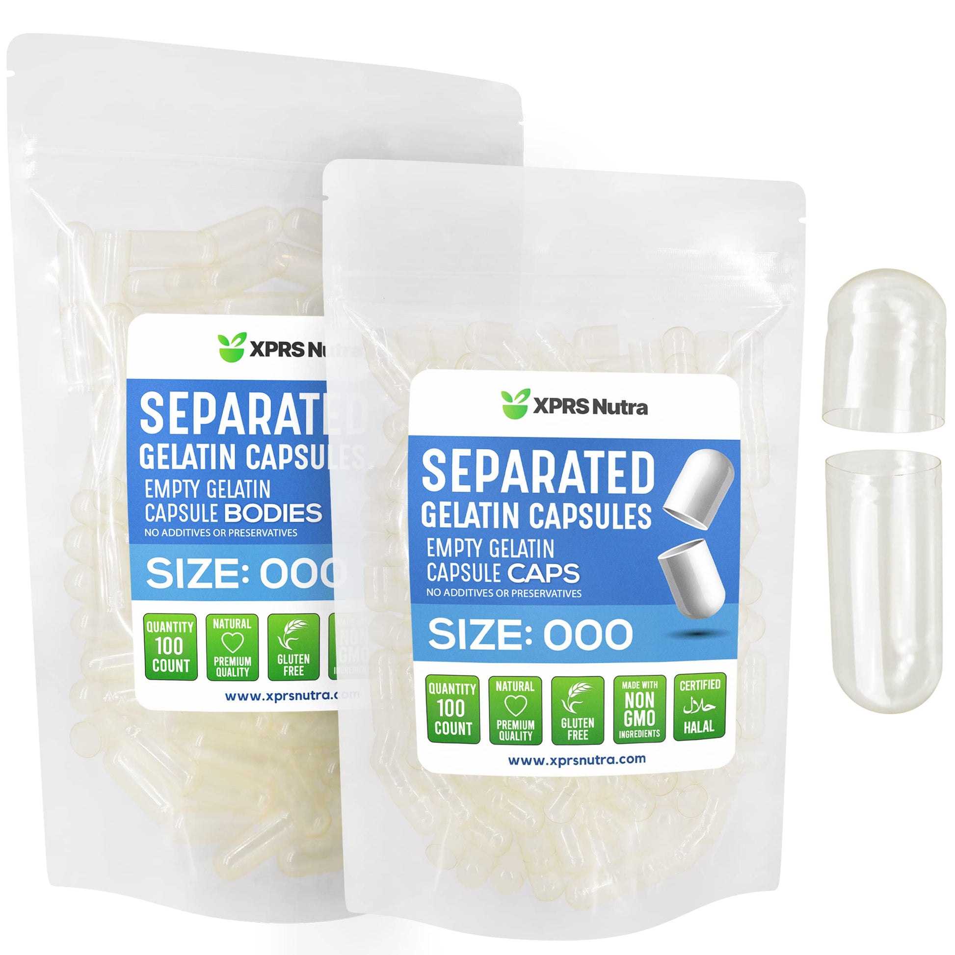 XPRS Nutra Separated Empty Gelatin Capsules Size 000, 100 Count