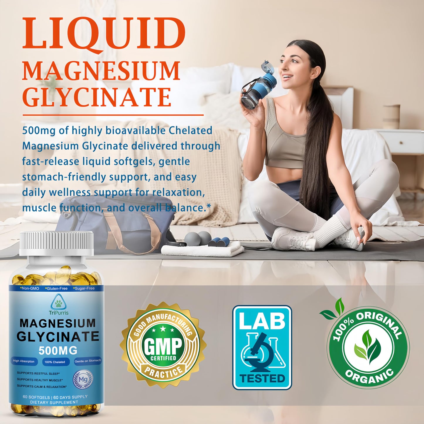TriPurris Magnesium Glycinate 500mg Softgels, 60 Count