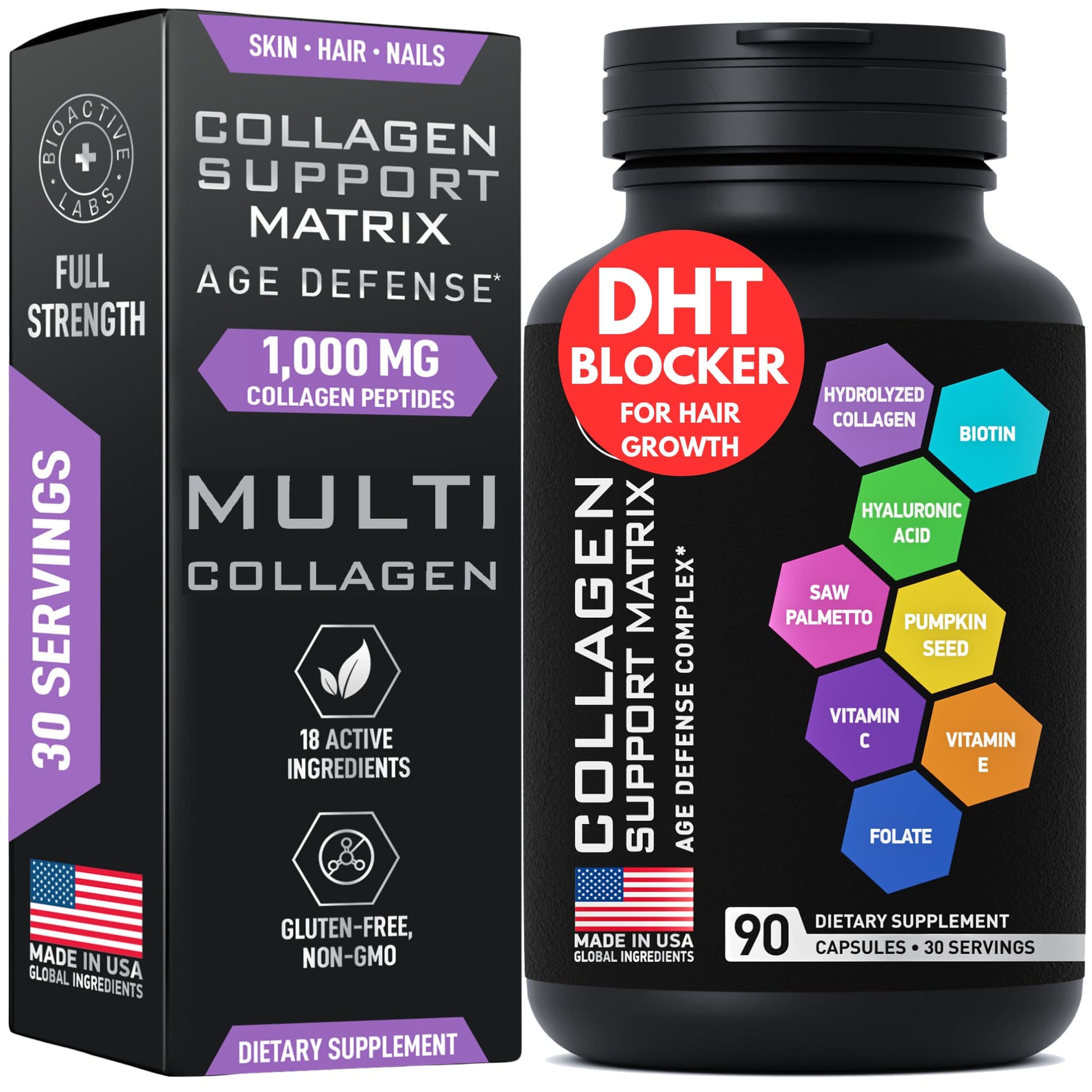 BIOACTIVE LABS Age Defense Beauty Collagen Matrix 2,000mg Multi Collagen Biotin Keratin Hyaluronic Acid Saw Palmetto Vitamin C Supplement Complex DHT Blocker for Hair Growth Capsules, 90 Count