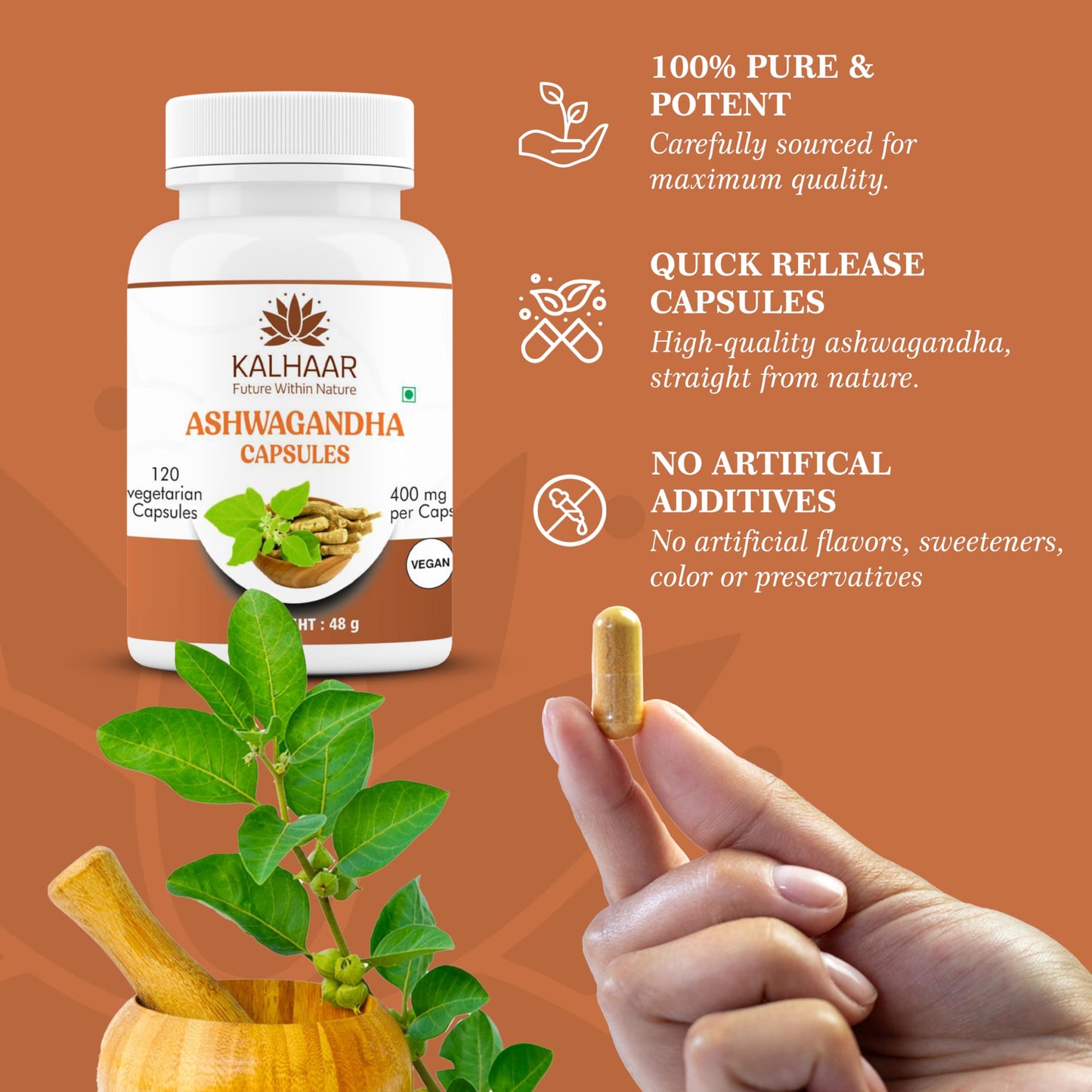 KALHAAR Ashwagandha Herbal Capsules 1200mg, 120 Vegan Capsules, Non-GMO, Gluten Free