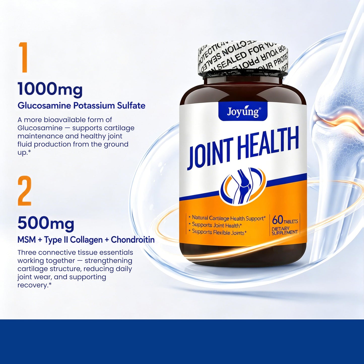 Joyung Joint Health Supplement with 1000mg Glucosamine & 500mg MSM - Advanced Cartilage & Bone Support - Includes Vitamin D3, Manganese & Eggshell Membrane, 60 Tablets
