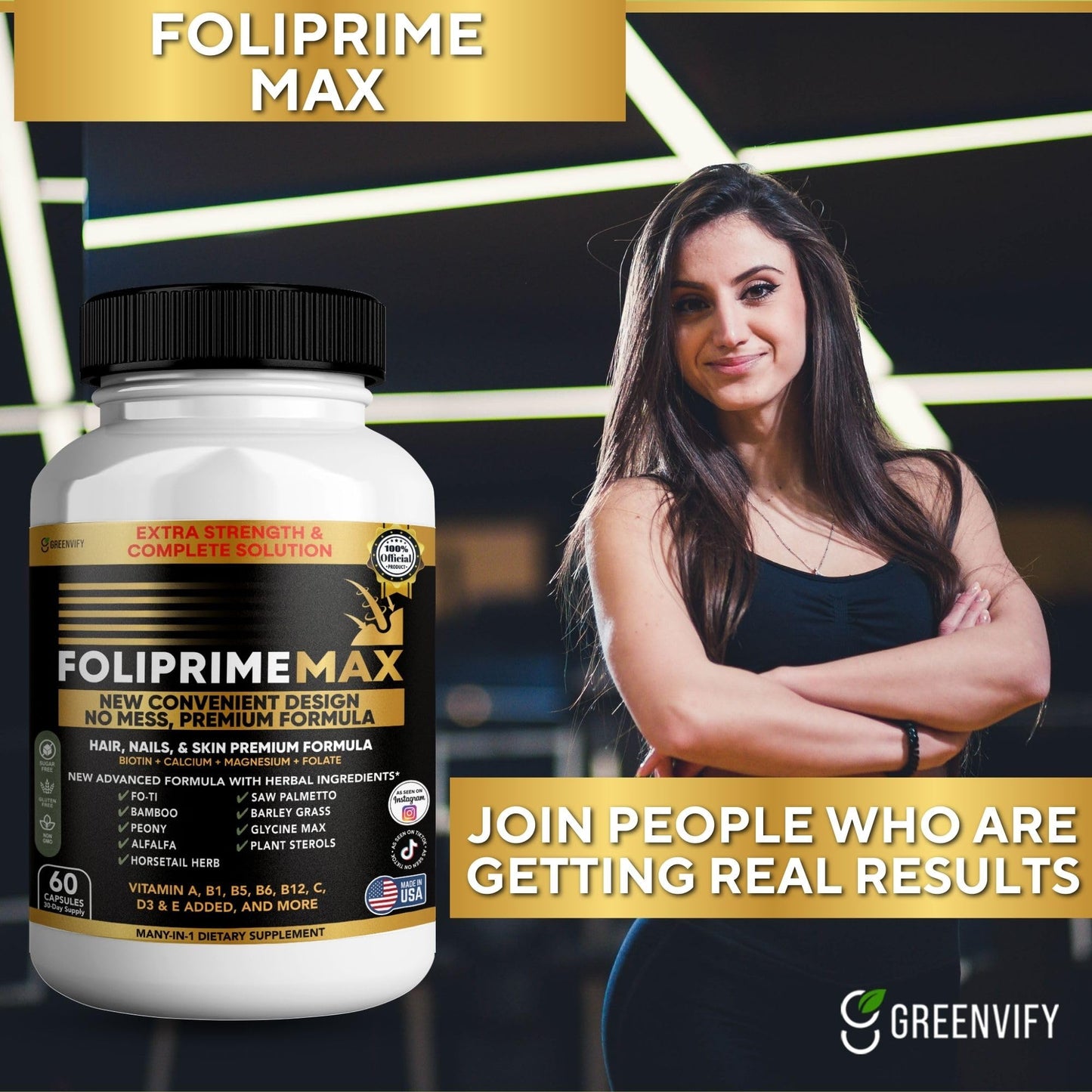 GREENVIFY Foliprime Max Hair, Nails & Skin Supplement with Biotin, Vitamins, Minerals & Herbal Blend, 60 Capsules