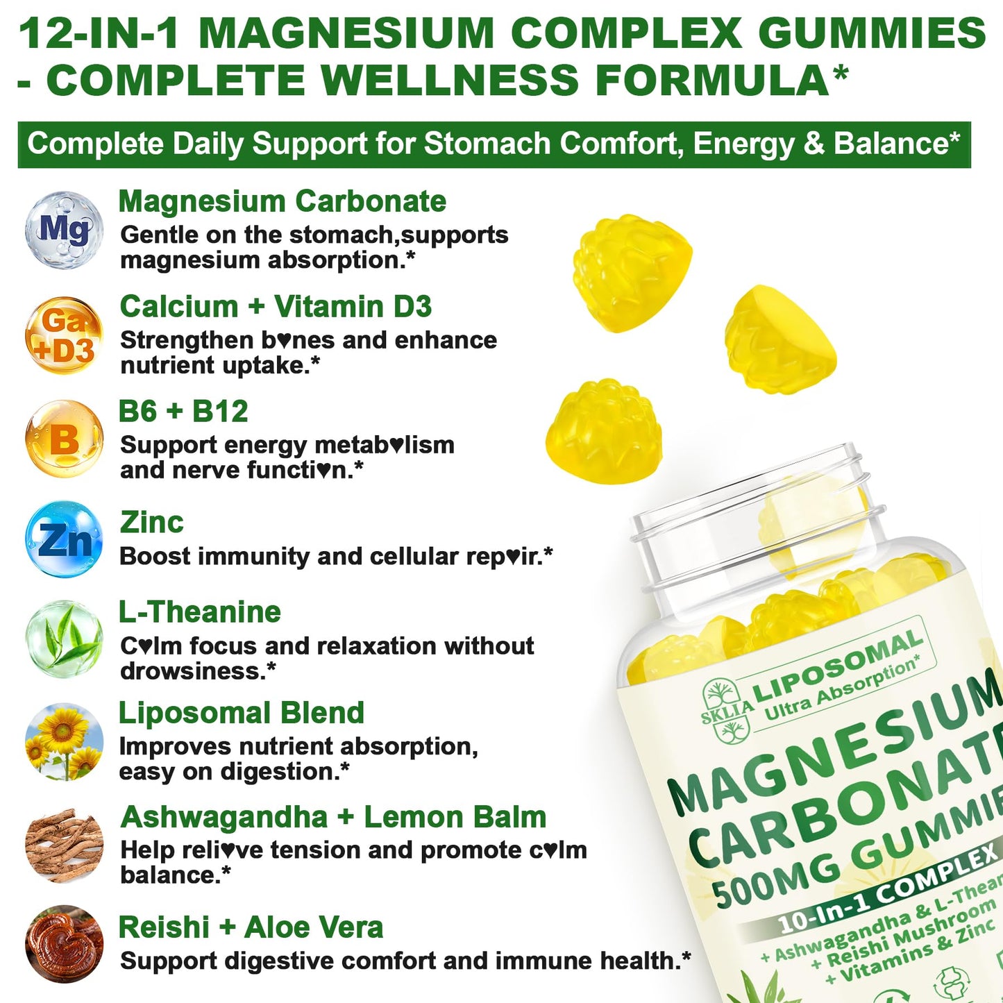 SKLIA Liposomal Magnesium Carbonate Gummies 500 mg, 60 Count