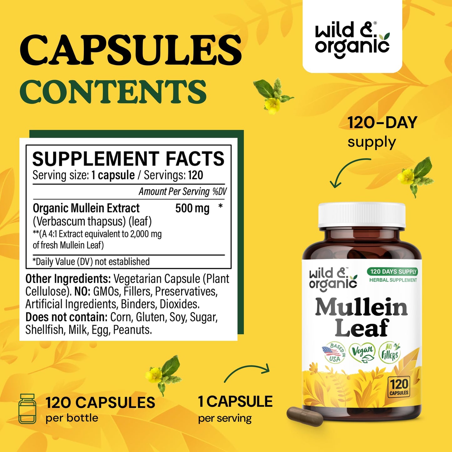 Wild & Organic Mullein Capsules 120 Count