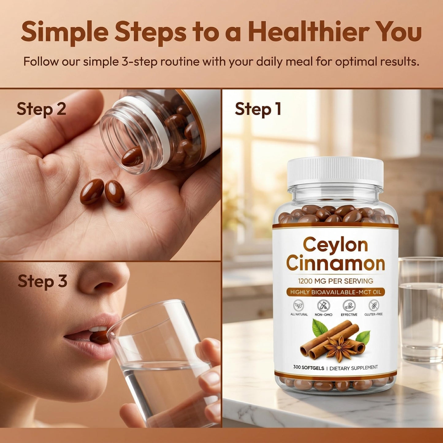 SUUDUUL Ceylon Cinnamon 1200mg Extract Supplement with MCT Oil Softgels 300
