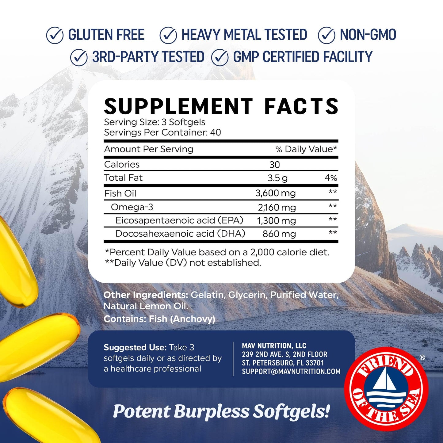 MAV NUTRITION Triple Strength Omega 3 Fish Oil Softgels 120 Count