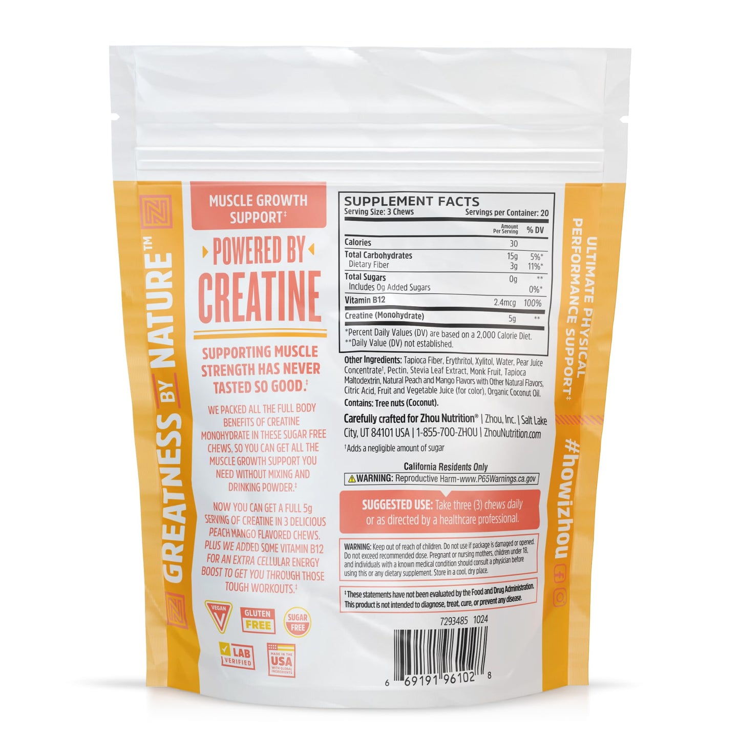 ZHOU Creatine Monohydrate Chews, Chewable, 60 Chews