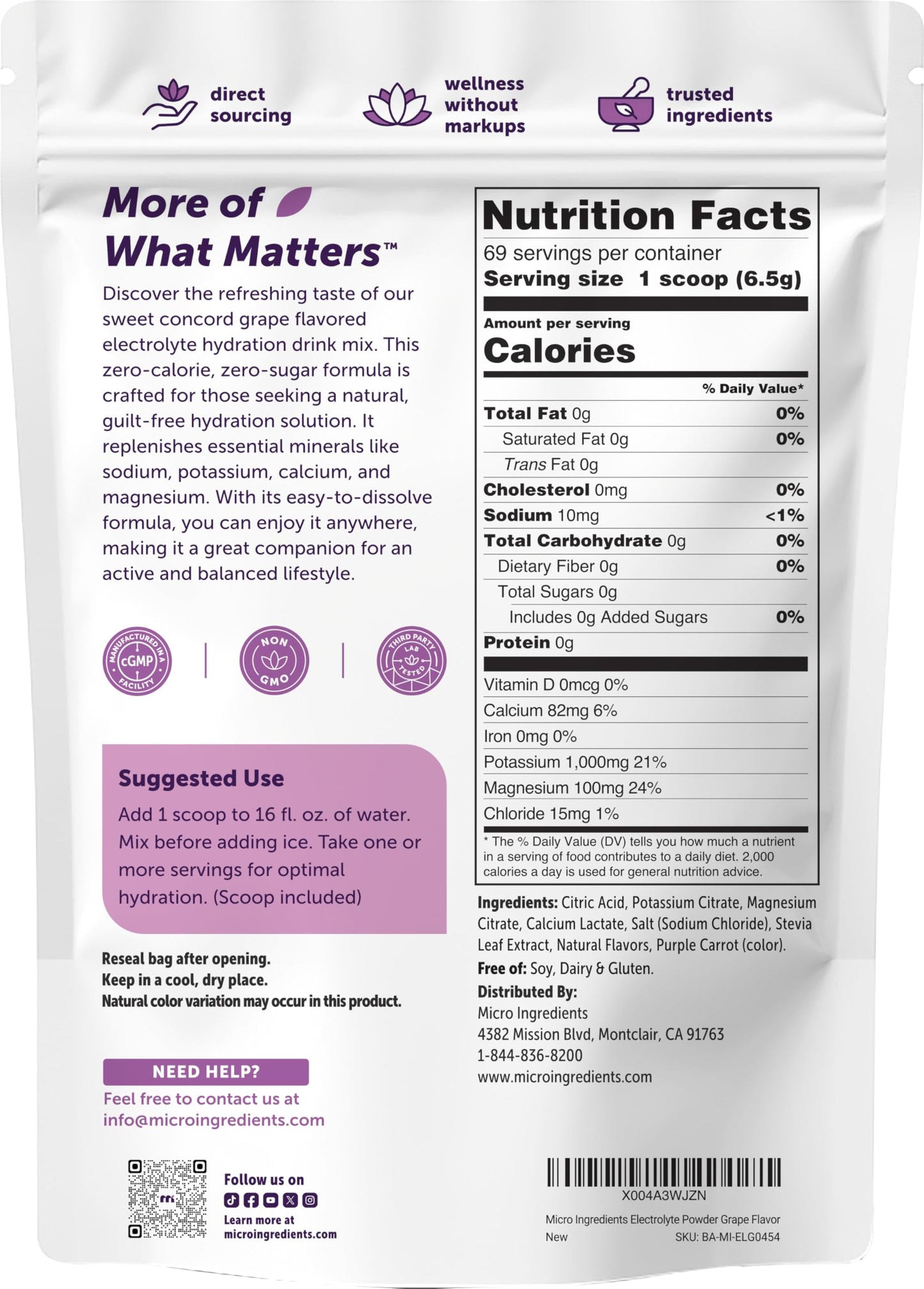 Micro Ingredients Hydration Electrolyte Powder 16 oz