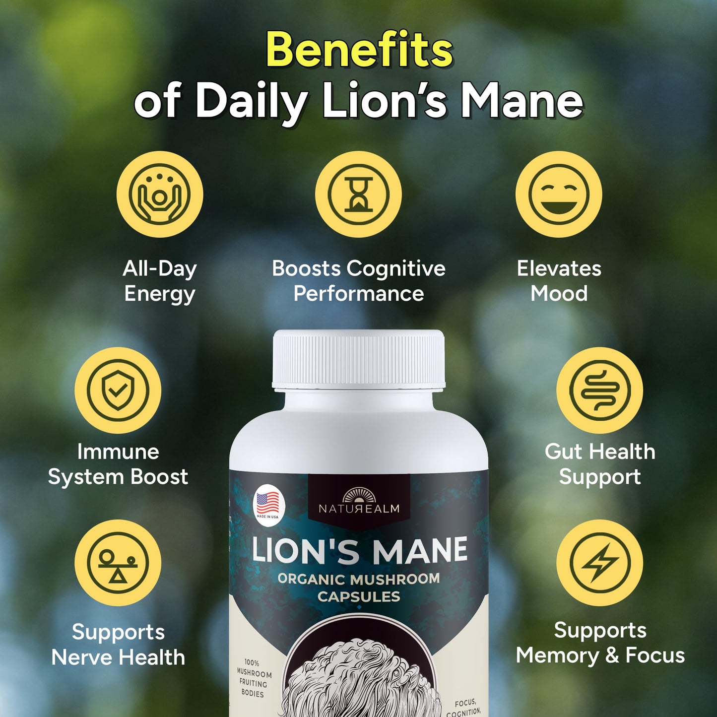 Naturealm Lion's Mane Mushroom Supplement Capsules, 90 Count