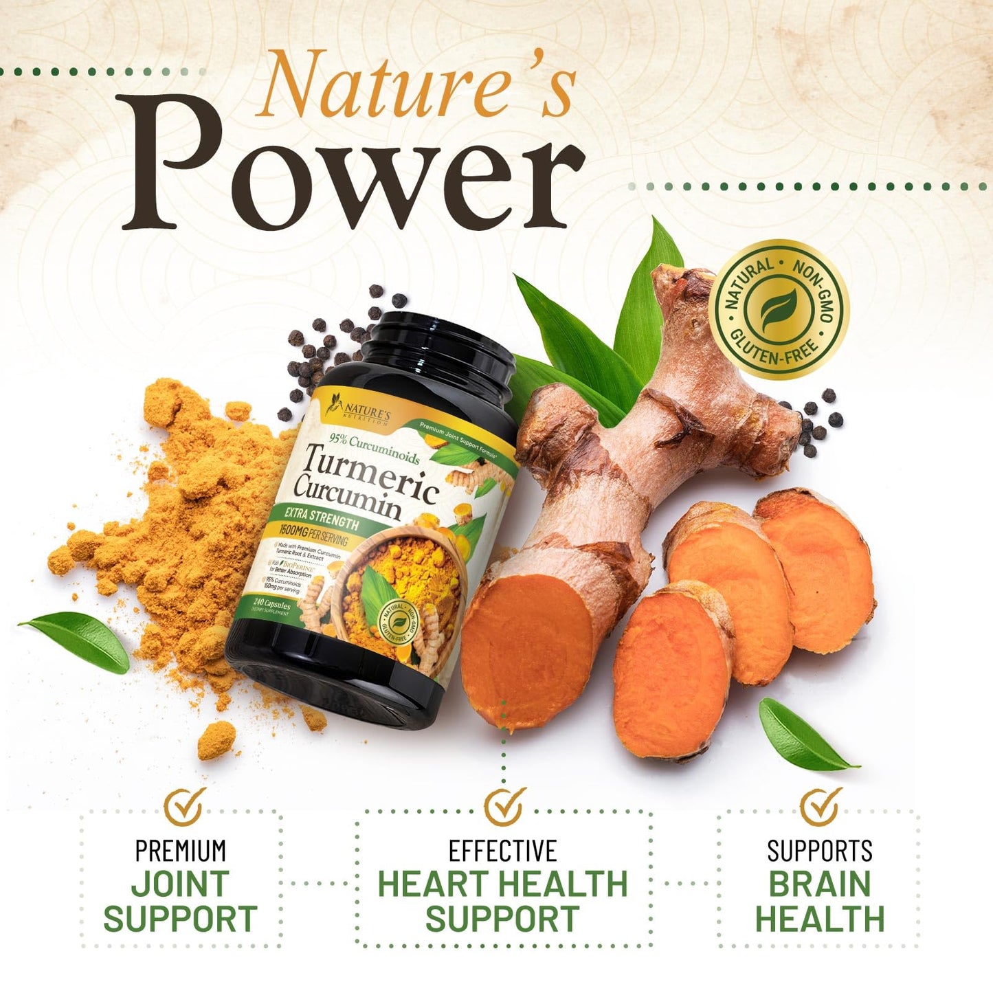 Nature's Nutrition Turmeric Curcumin Supplement 1500mg with BioPerine Black Pepper for Absorption, Organic Turmeric & 95% Curcuminoids, Joint & Immune Support, Non-GMO, 240 Capsules