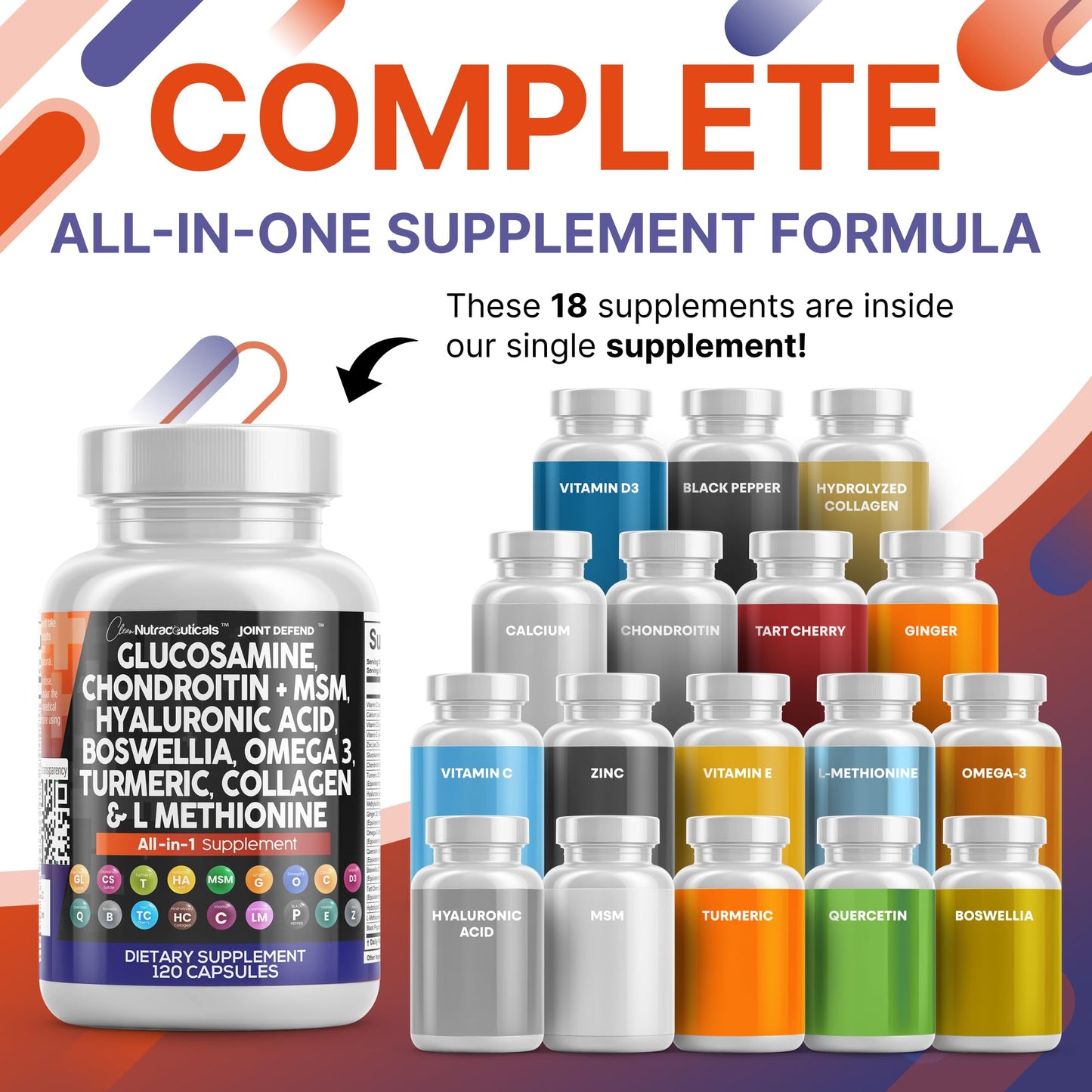 Clean Nutraceuticals Glucosamine Chondroitin MSM 1500mg with Turmeric Curcumin, Collagen, Hyaluronic Acid, Omega 3 Joint Health Supplement Capsule, 120 Count (Pack of 2)
