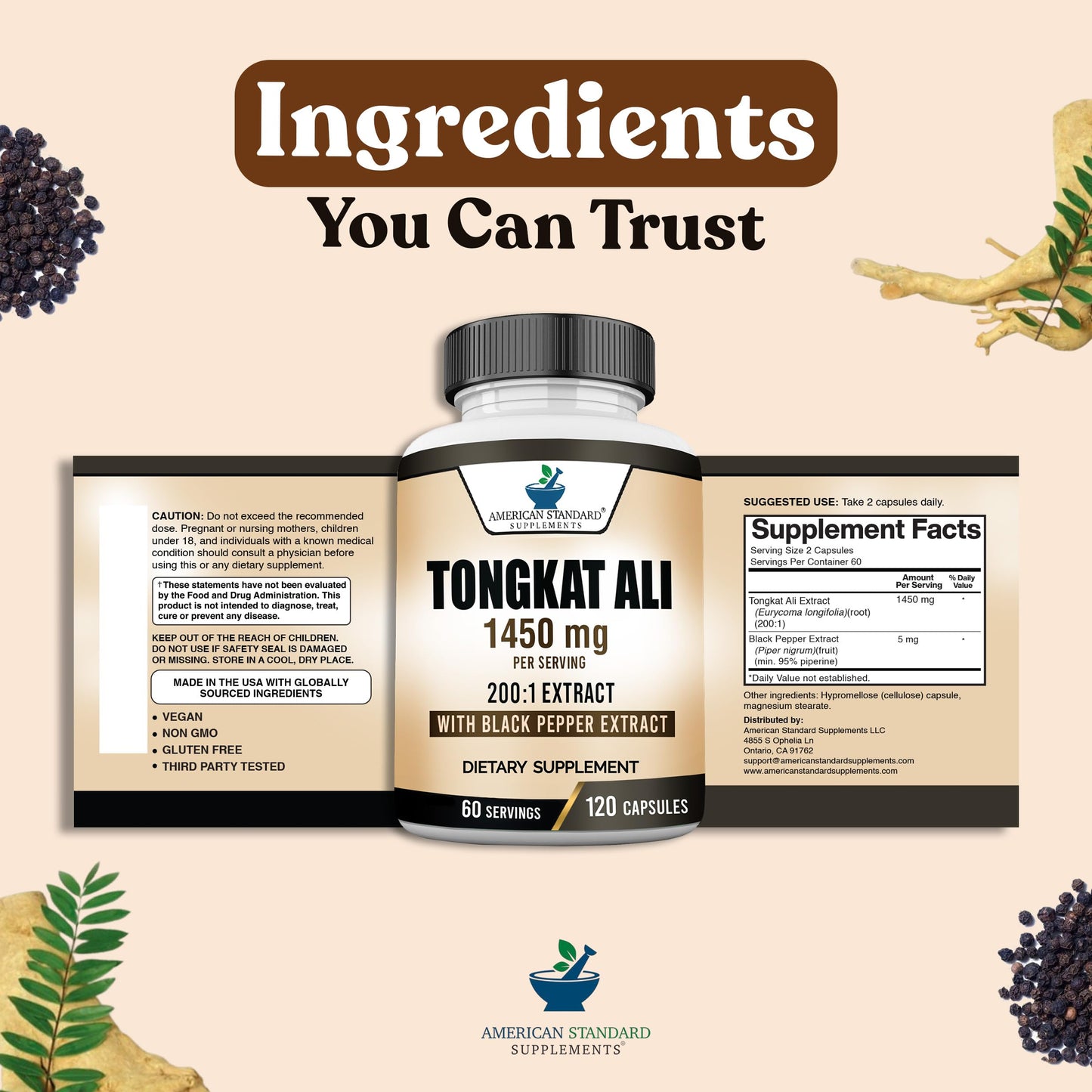 American Standard Supplements Tongkat Ali Extract 200:1 – 1450mg Per Serving with Black Pepper Fruit Extract Capsules, 120 Count