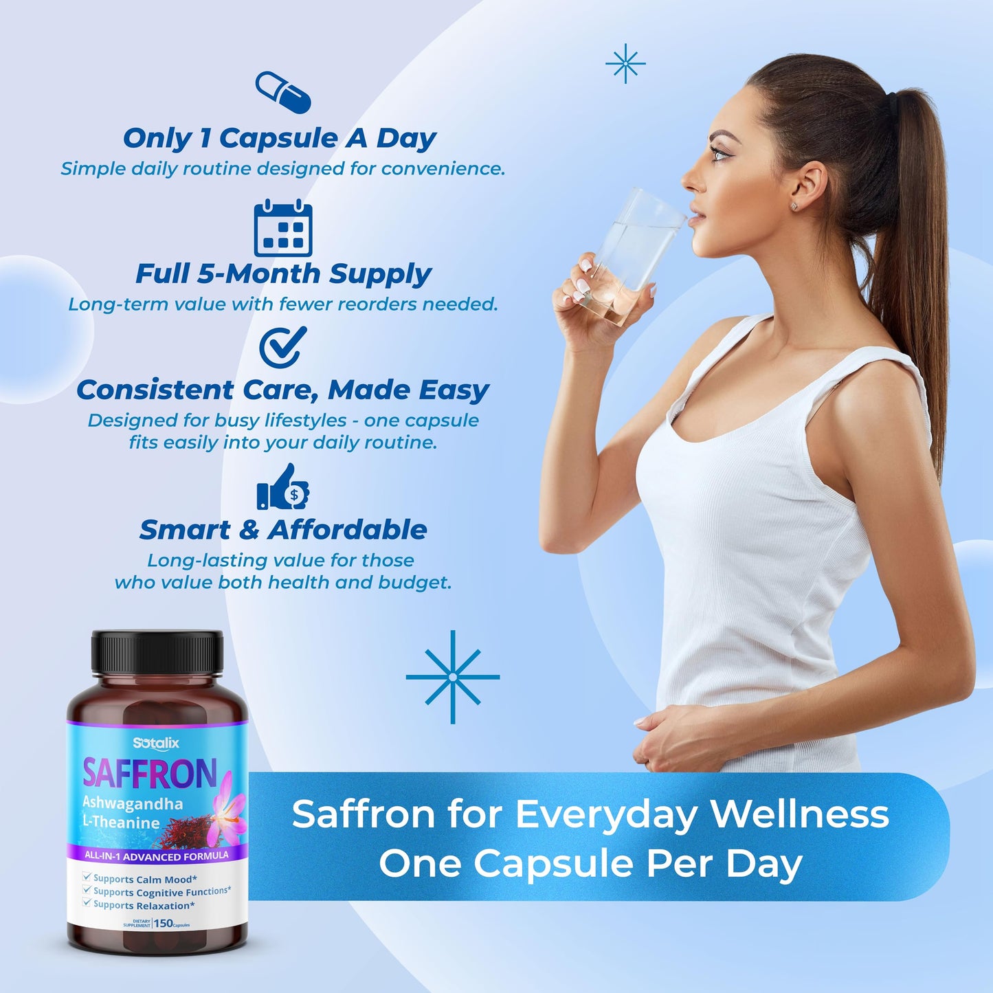 SOTALIX SUPPLEMENT Saffron with Ashwagandha, Ginseng, L-Theanine, Relaxation, Restore, 150 Capsules