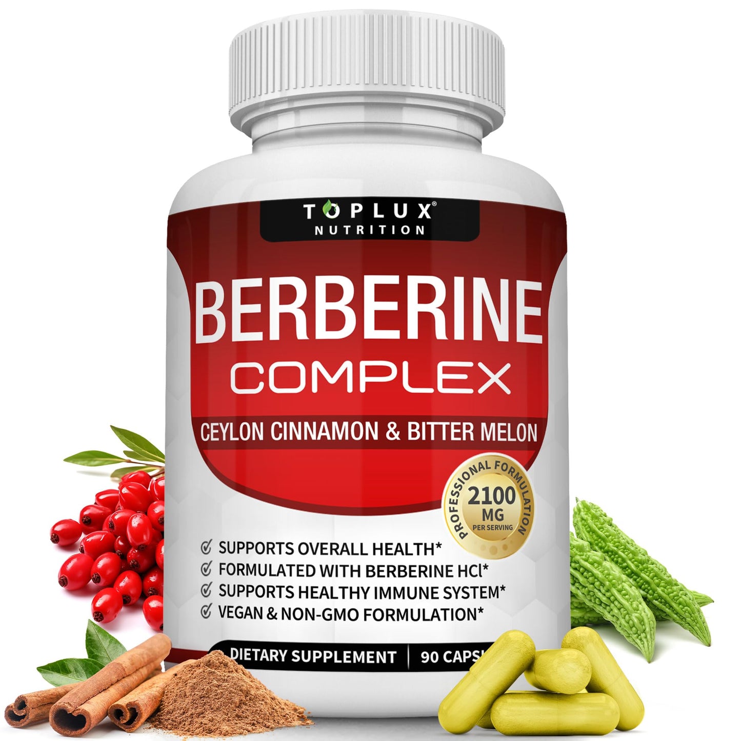 Toplux Berberine with Ceylon Cinnamon and Bitter Melon 2100mg - High Purity 97% HCL Berberine Supplement, 90 Capsules