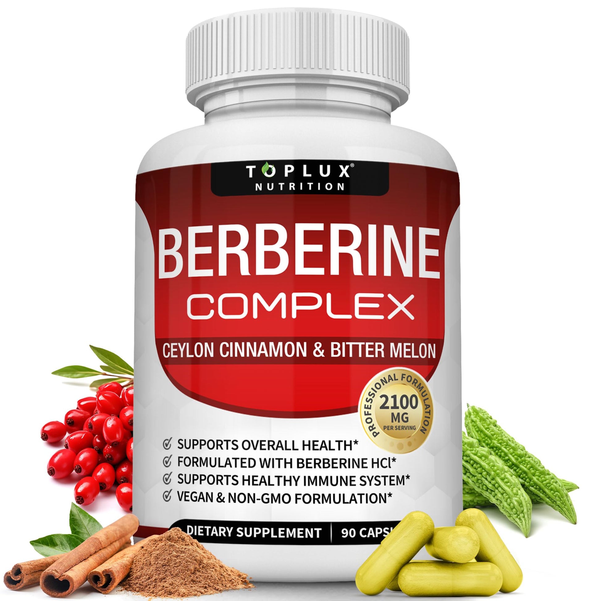 Toplux Berberine with Ceylon Cinnamon and Bitter Melon 2100mg - High Purity 97% HCL Berberine Supplement, 90 Capsules