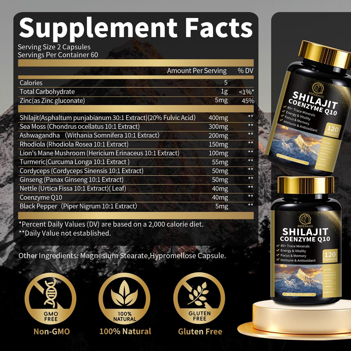 BBEEAAUU Shilajit Capsules with Sea Moss & Ashwagandha for Men & Women, 12 in 1 Himalayan Shilajit Supplements with Coenzyme Q10, Fulvic Acid & Humic Acid, Lion's Mane, Energy & Immune, Capsules, 240 Count