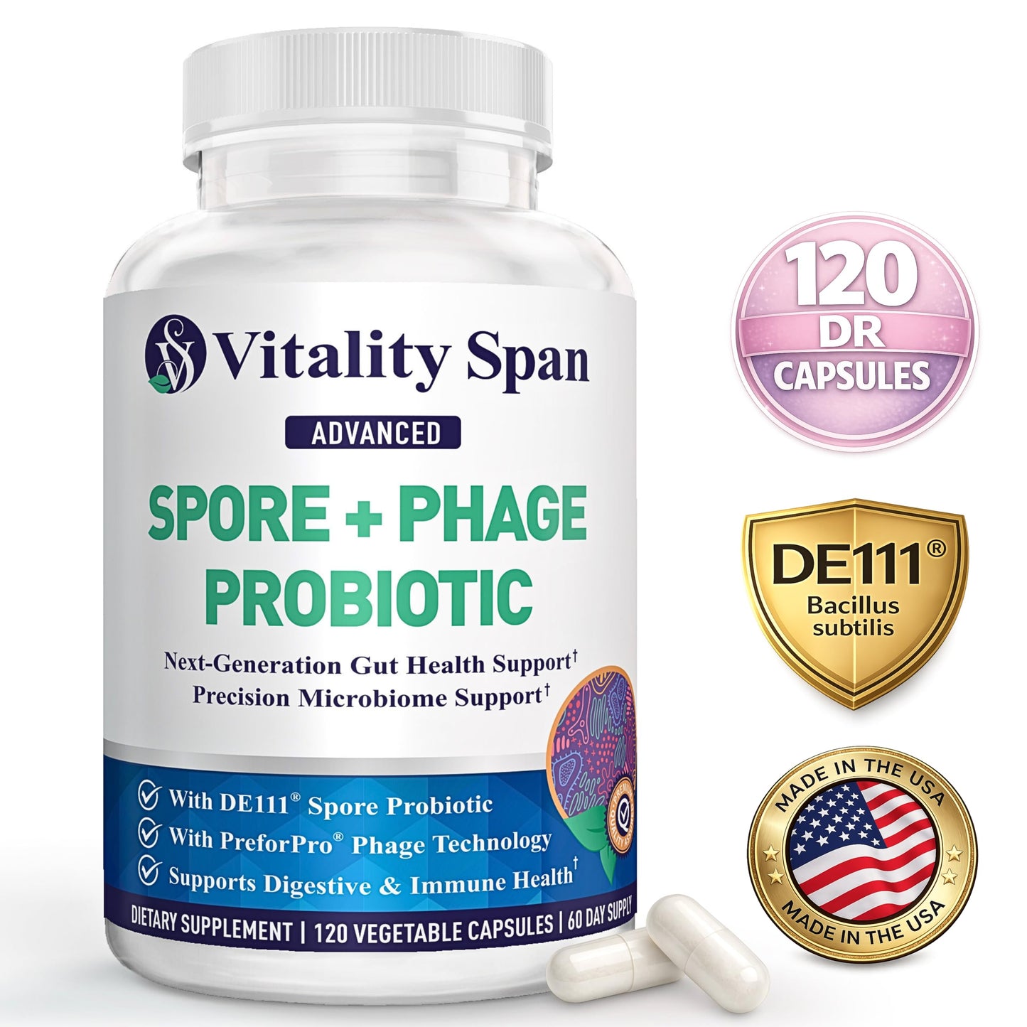 Vitality Span Spore Probiotic for Women & Men, Bacillus Subtilis Plus Advanced Phage, Delayed Release Capsules, 120 Count