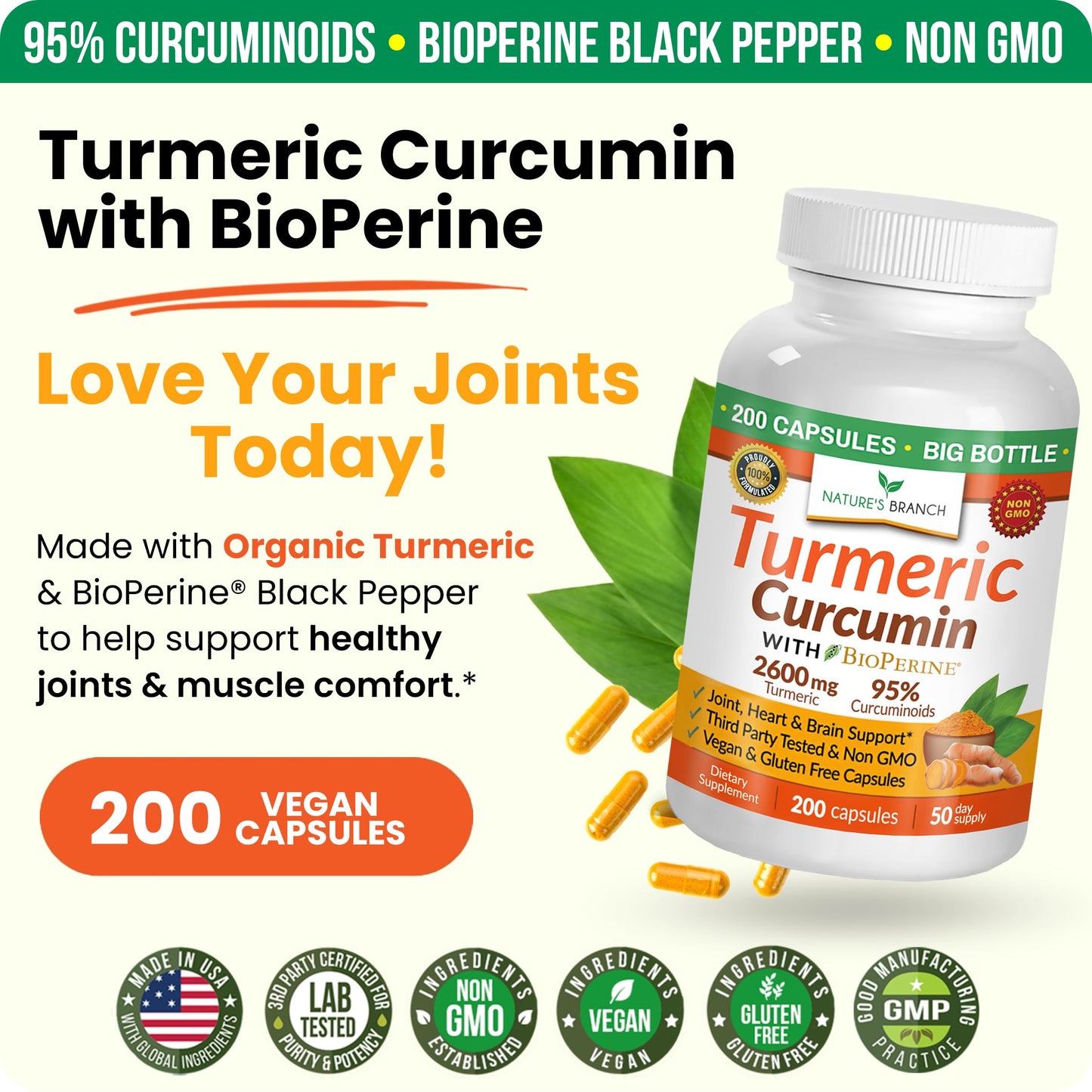 Nature's Branch Turmeric Curcumin Supplement 2600mg Capsules, 200 Count