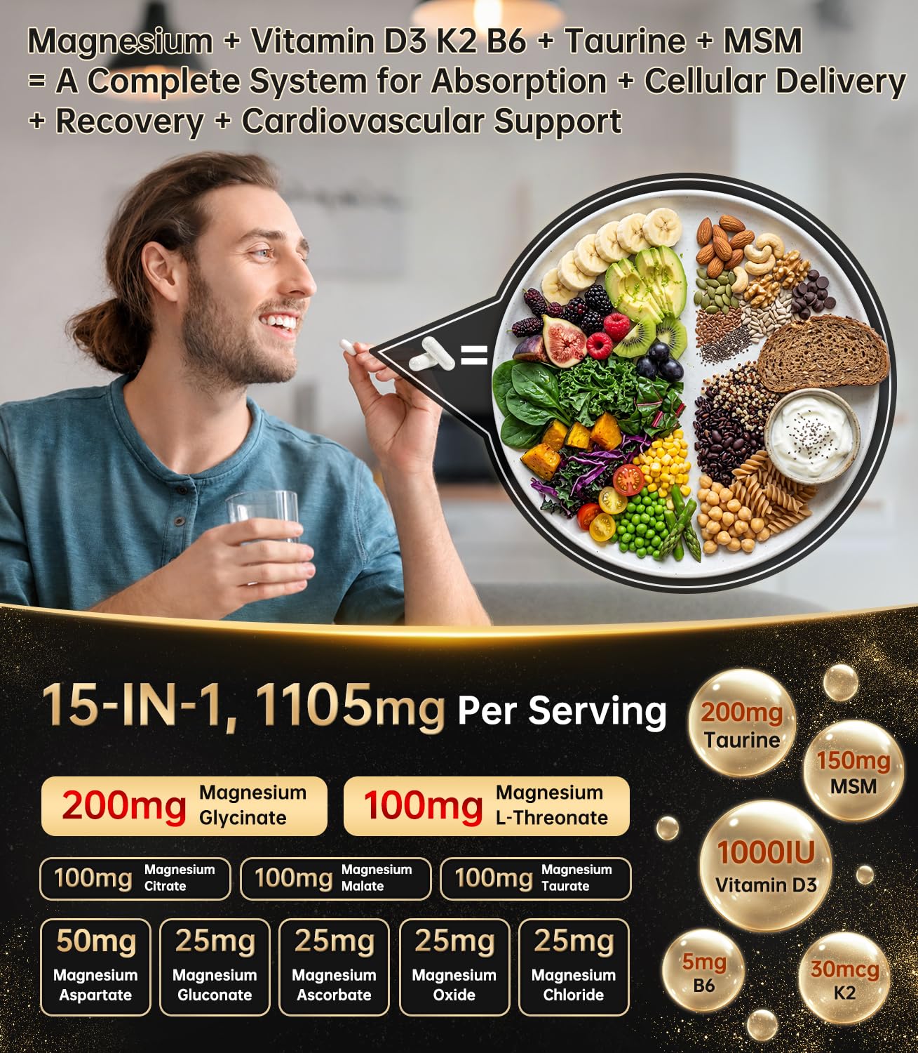 Vigorbite 15-IN-1 Magnesium Glycinate Complex L-Threonate Vitamin D3 K2 B6 1105mg Capsules, 120 Count