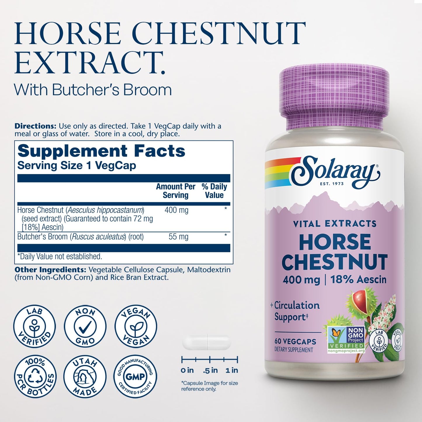 Solaray Horse Chestnut Extract 400 mg - Standardized to 72 mg Aescin - With 55 mg of Butchers Broom - Capsules, 60 Count