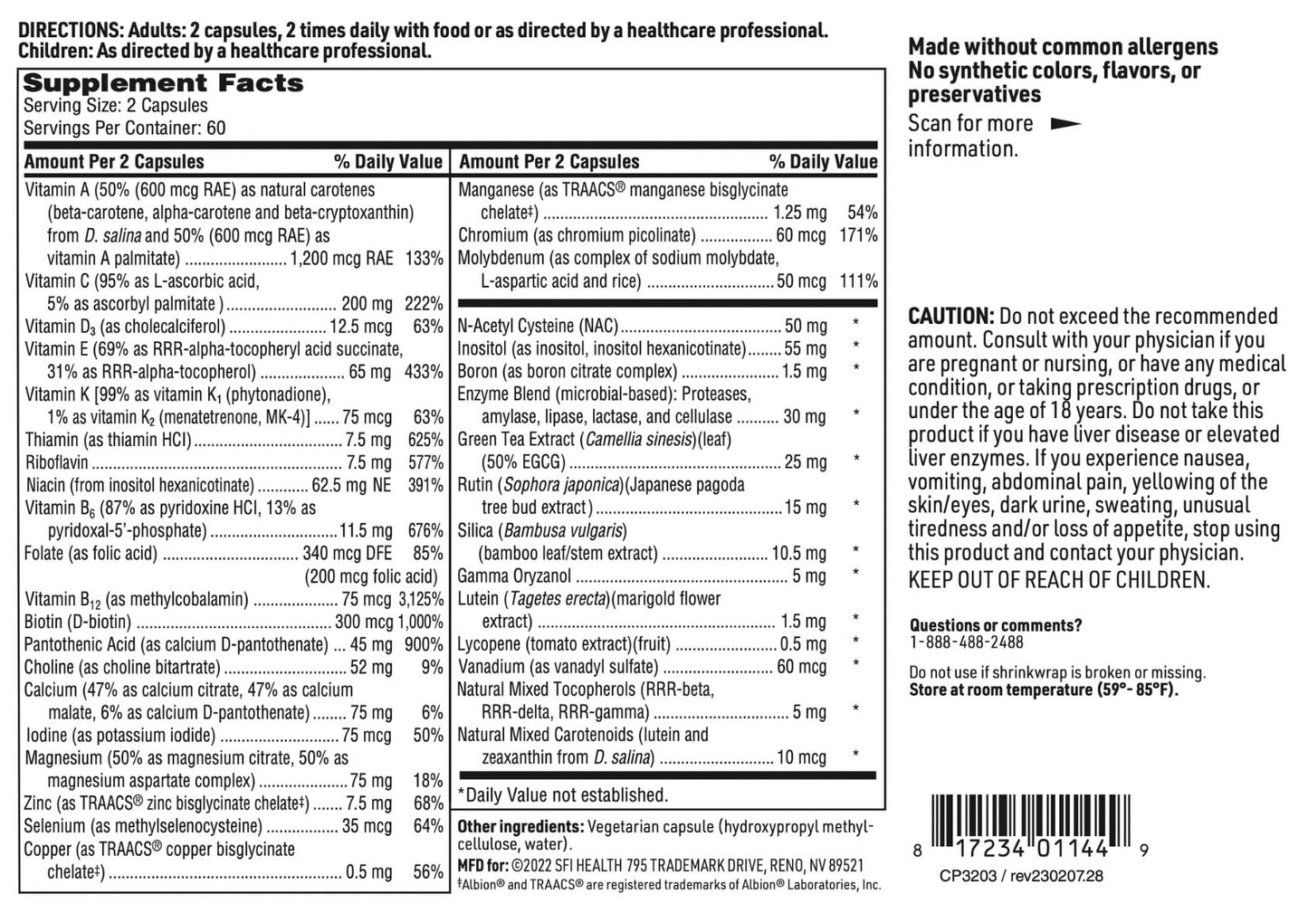 SFI Health Core Multi - Multimineral & Multivitamin Supplement with No Iron - Vitamins & Chelated Minerals with Natural Mixed Carotenoids, Vitamin C & E - for Men & Women, 120 Capsules