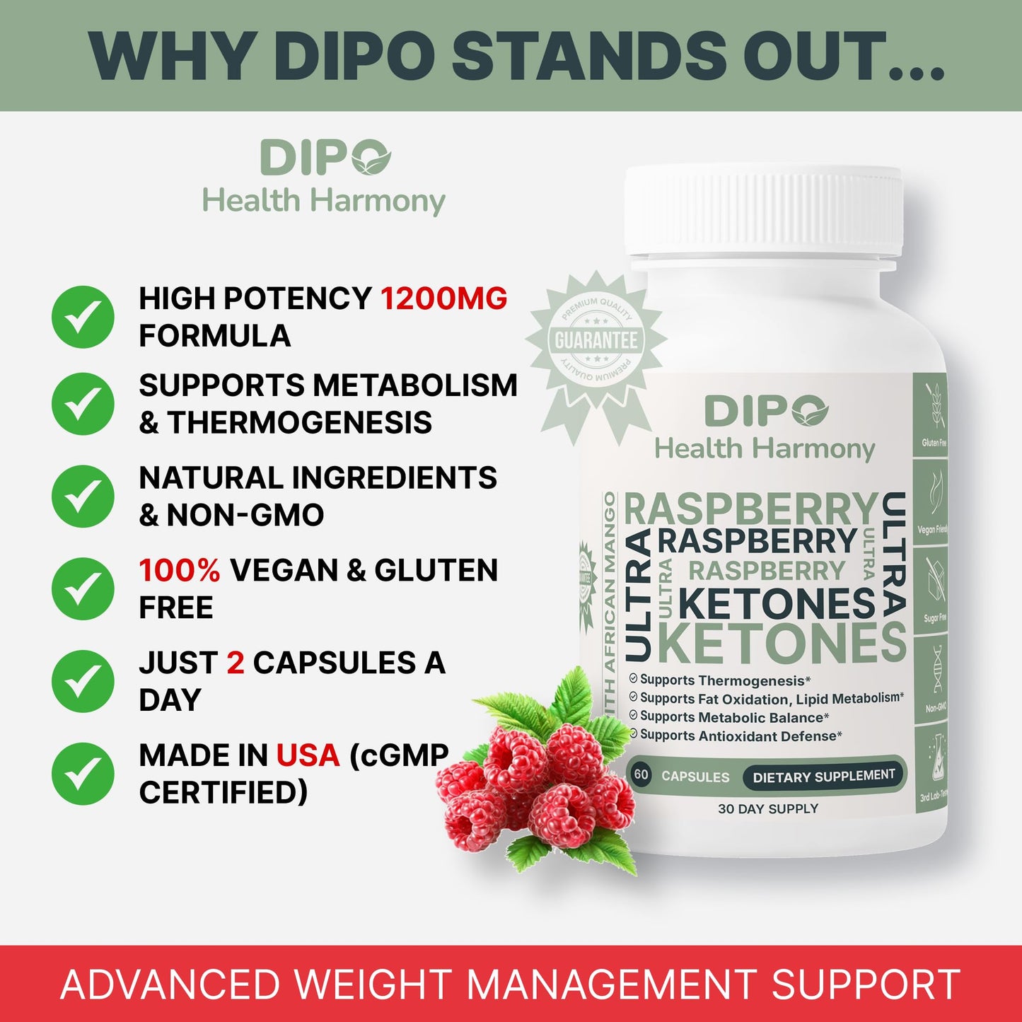 DIPO HEALTH HARMONY Raspberry Ketones Ultra 500mg with African Mango Seed, Green Tea Extract & Apple Cider Vinegar - Metabolism & Healthy Weight Management Supplement, 60 Capsules