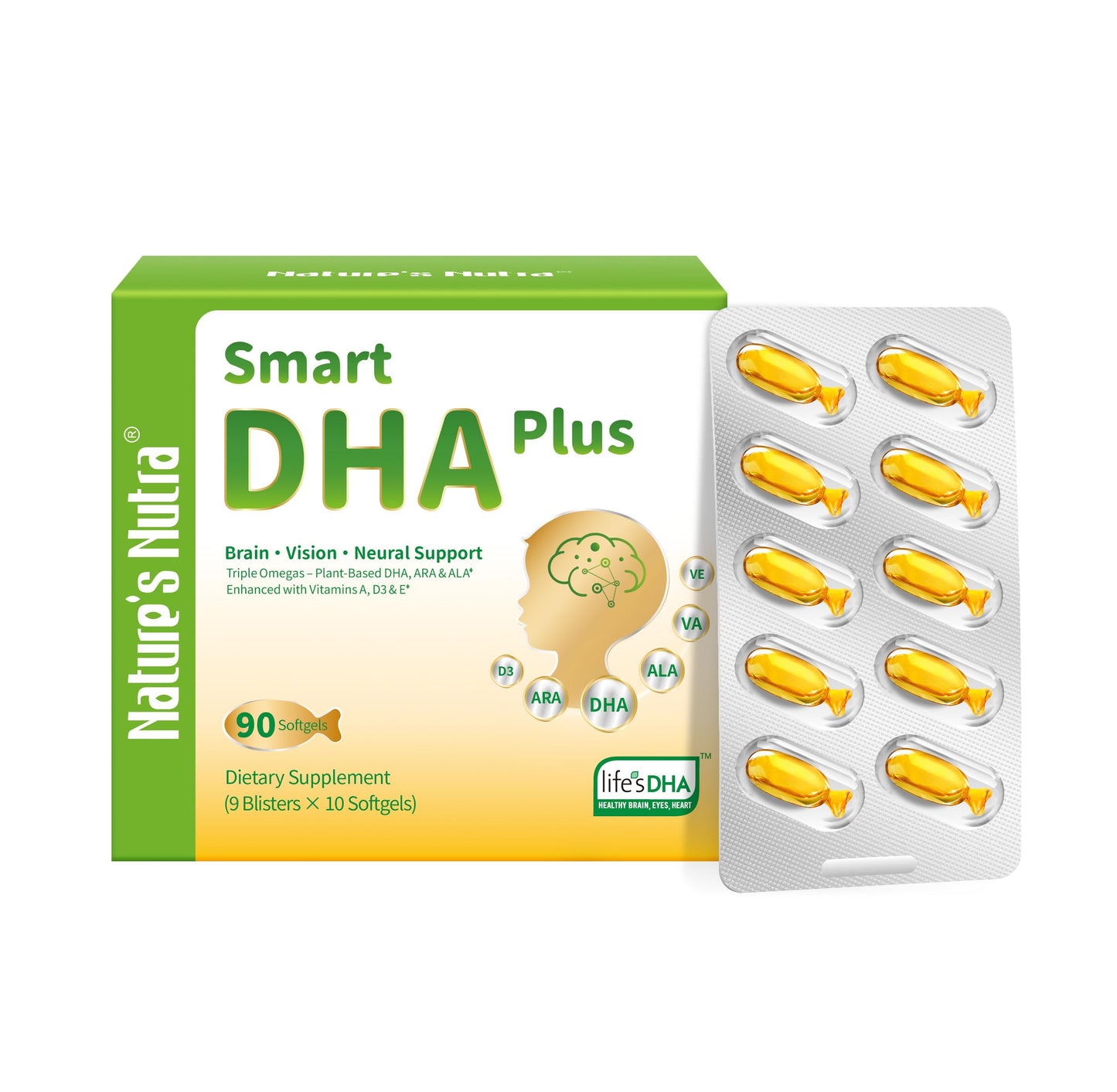 Nature's Nutra Smart DHA Plus Plant-Based DHA, ARA, ALA, Vitamins A D3 E Softgels 90