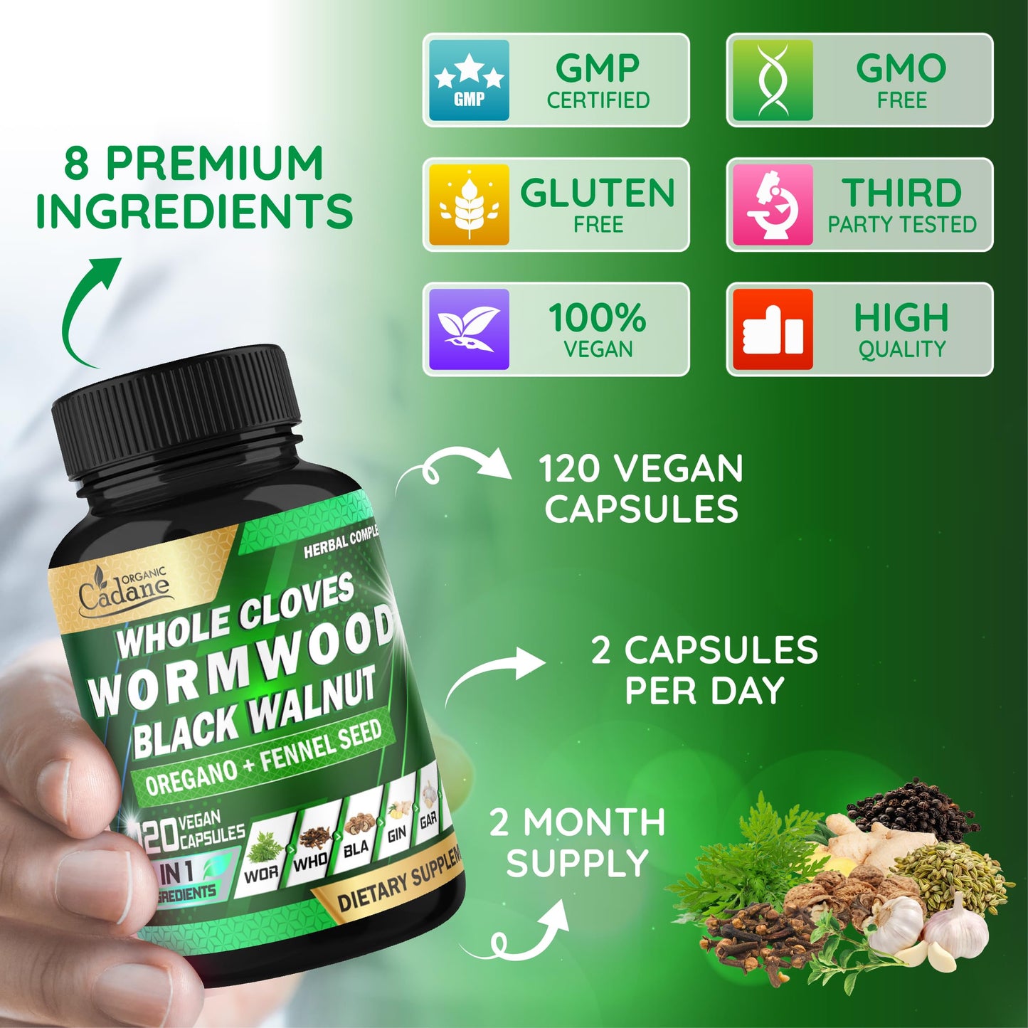 Organic Cadane Wormwood Whole Cloves Black Walnut with Ginger, Garlic, Oregano, Fennel & Black Pepper Digestive & Wellness Support 120 Capsules