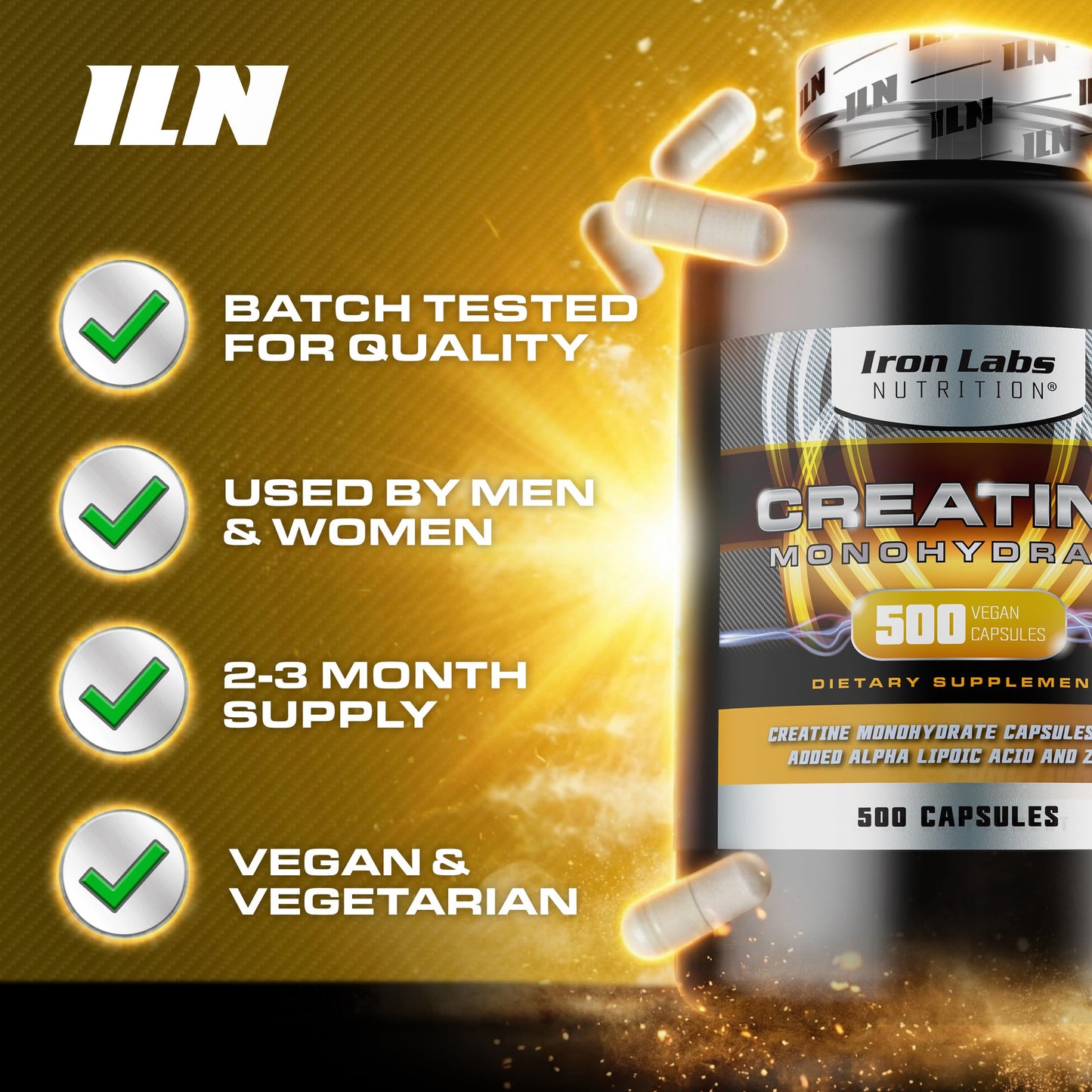 Iron Labs Nutrition Creatine Monohydrate Capsules, 3900mg, 500 Capsules