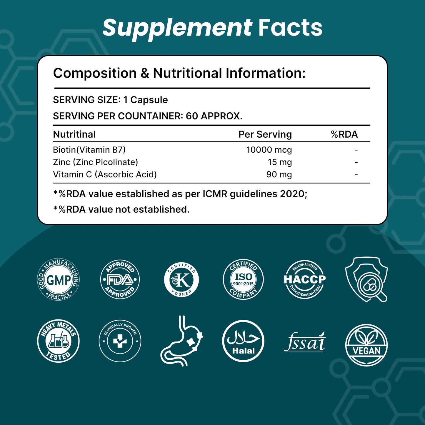 ORIBITE Biotin 10,000 mcg with Zinc & Vitamin C – Hair, Skin & Nail Support – Vegetarian, Non-GMO & Gluten-Free Supplement, 60 Capsules
