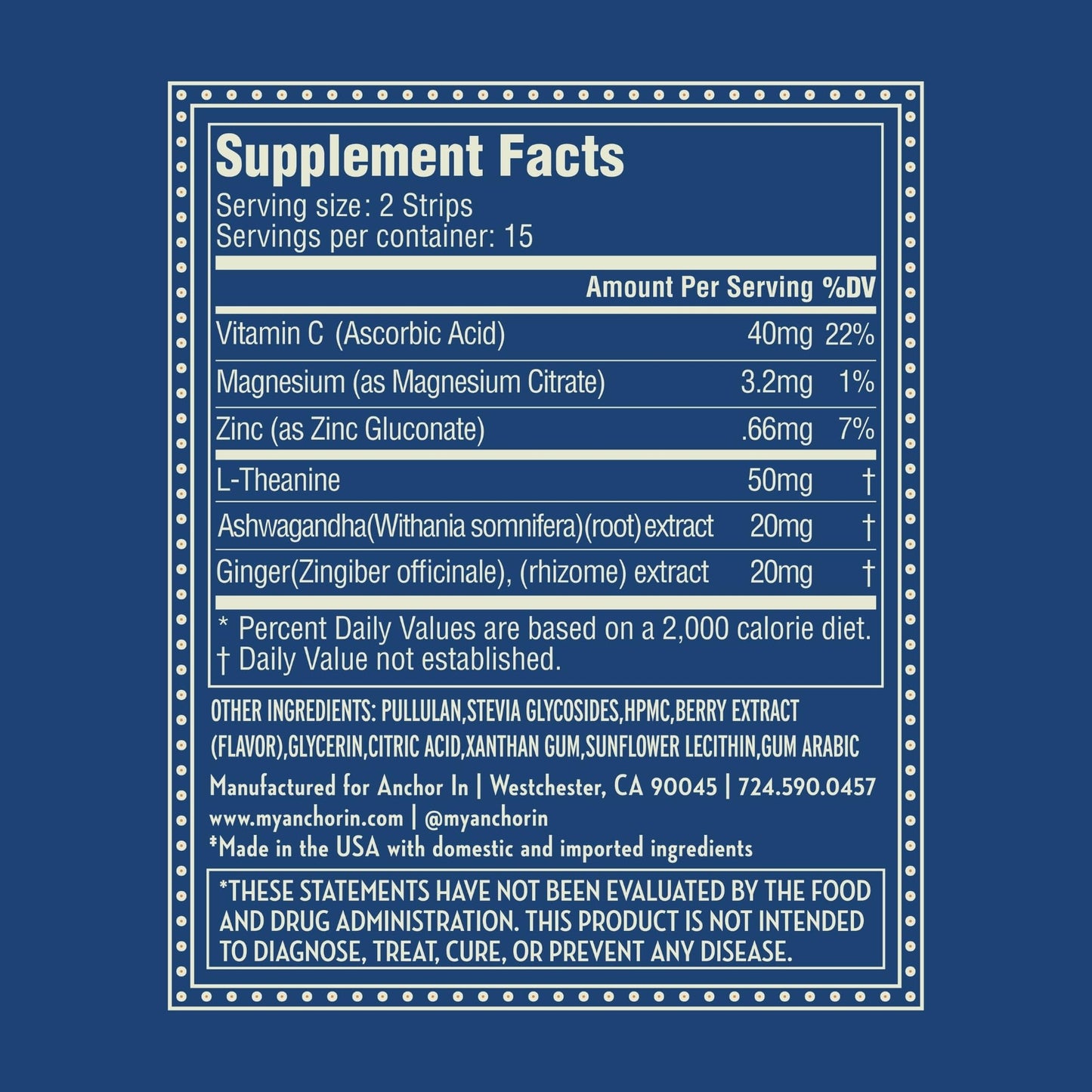 Anchor In Calm + Focus Dissolvable Strips, Ashwagandha L-Theanine, Berry 30 Softgels