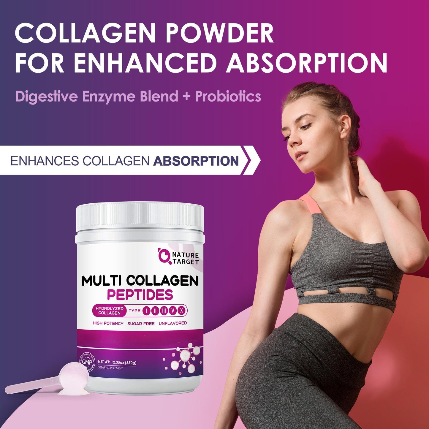 Nature Target Multi Collagen Peptides Powder - Type I, II, III, V, X, 12.35 oz
