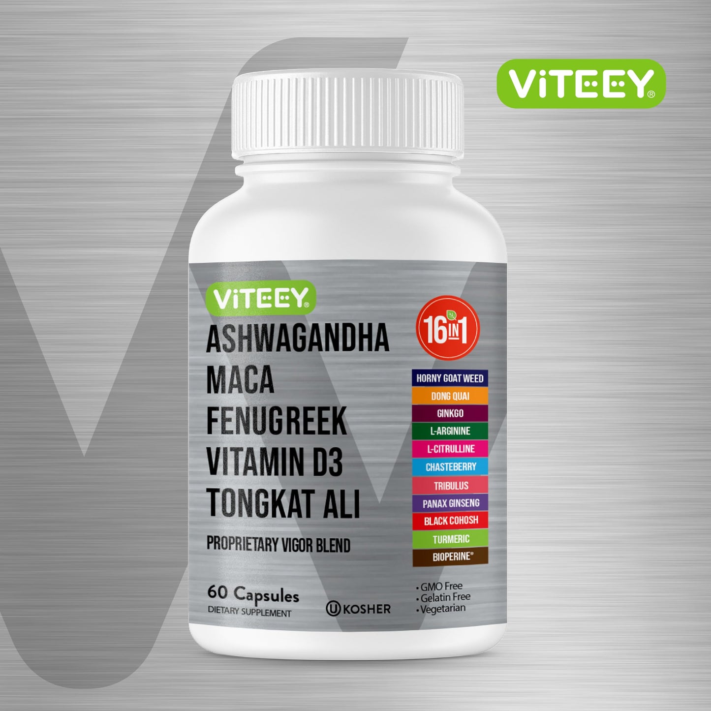 Viteey Ashwagandha Maca Fenugreek Supplement with Tongkat Ali – Drive, Passion & Energy Support for Men & Women – Mood, Calm & Stress Support, 60 Capsules